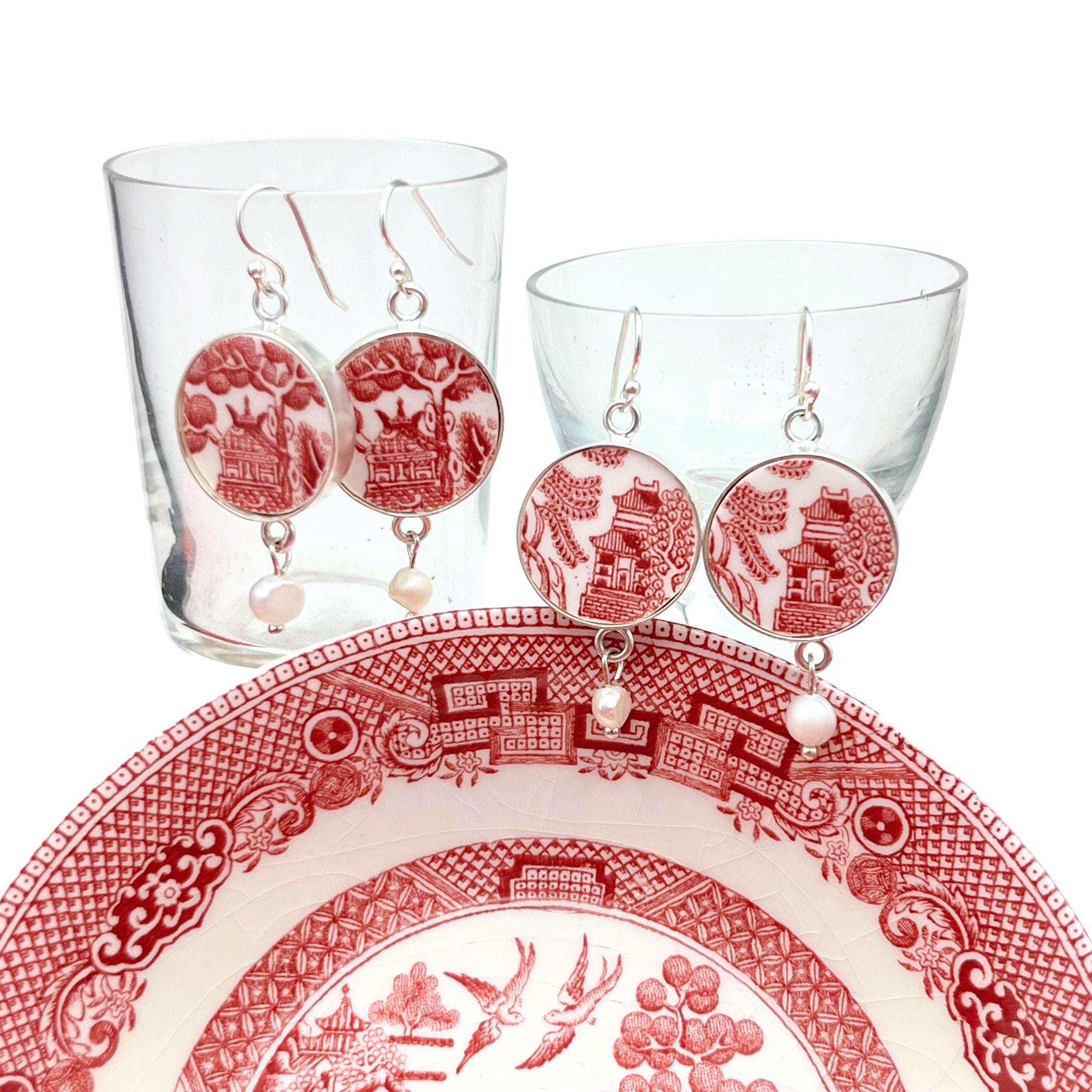 Red Chinoiserie China Earrings handmade with Upcycled Red Willow China