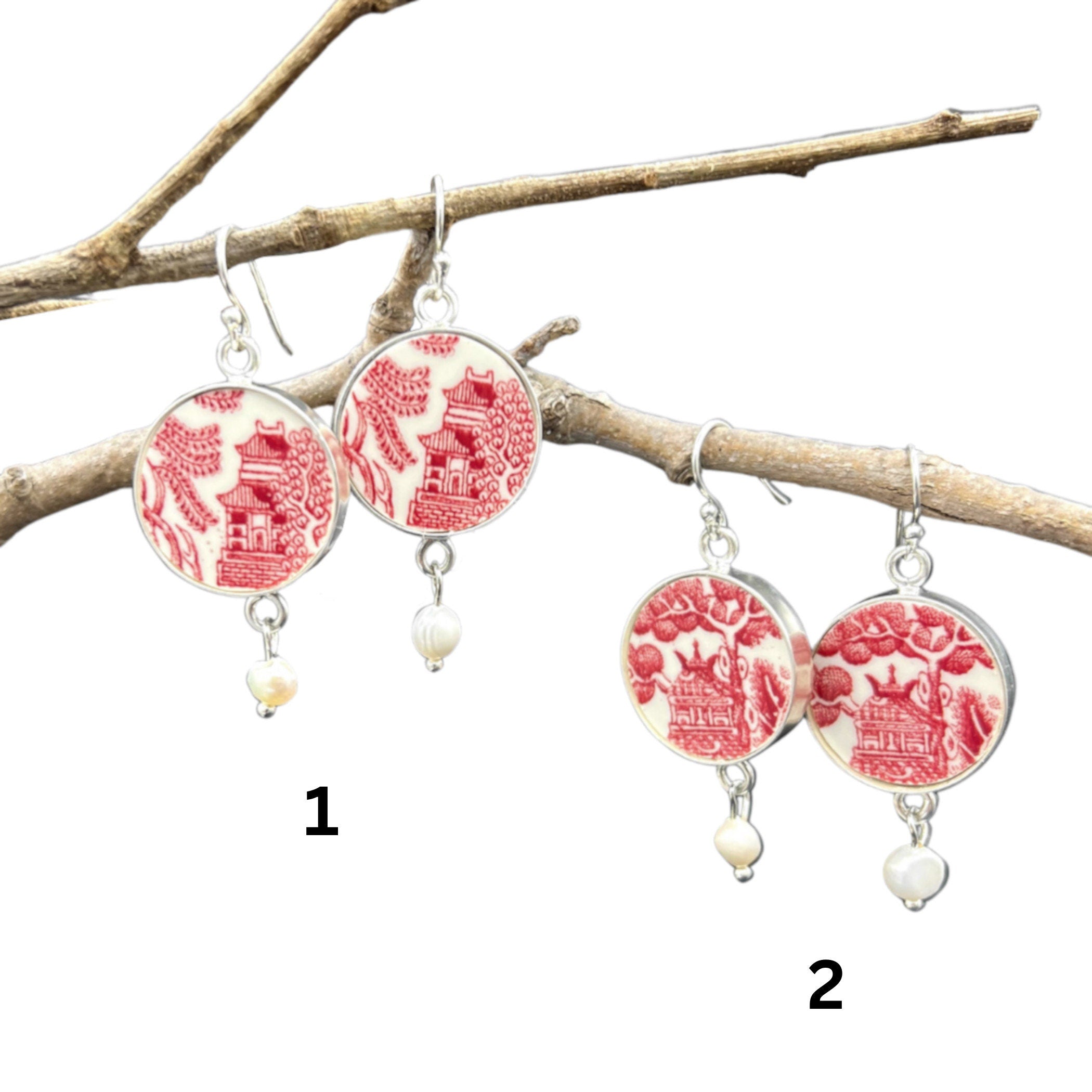 Red Chinoiserie China Earrings handmade with Upcycled Red Willow China