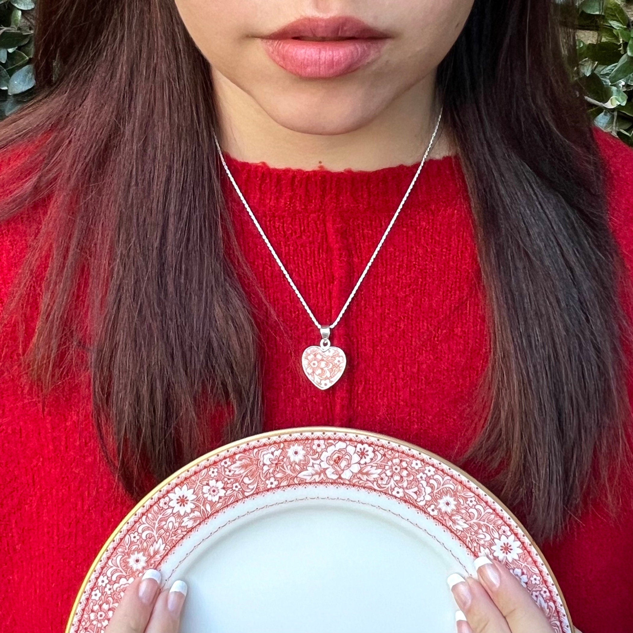 Valentines Dainty Heart China Necklaces handmade with Red and White Floral China