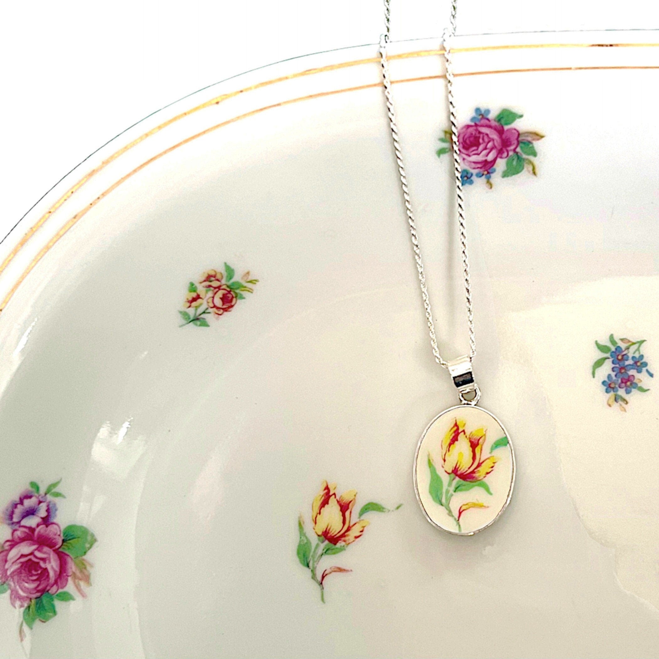 Spring Tulip China Necklace handmade from Upcycled French Limoges Porcelain