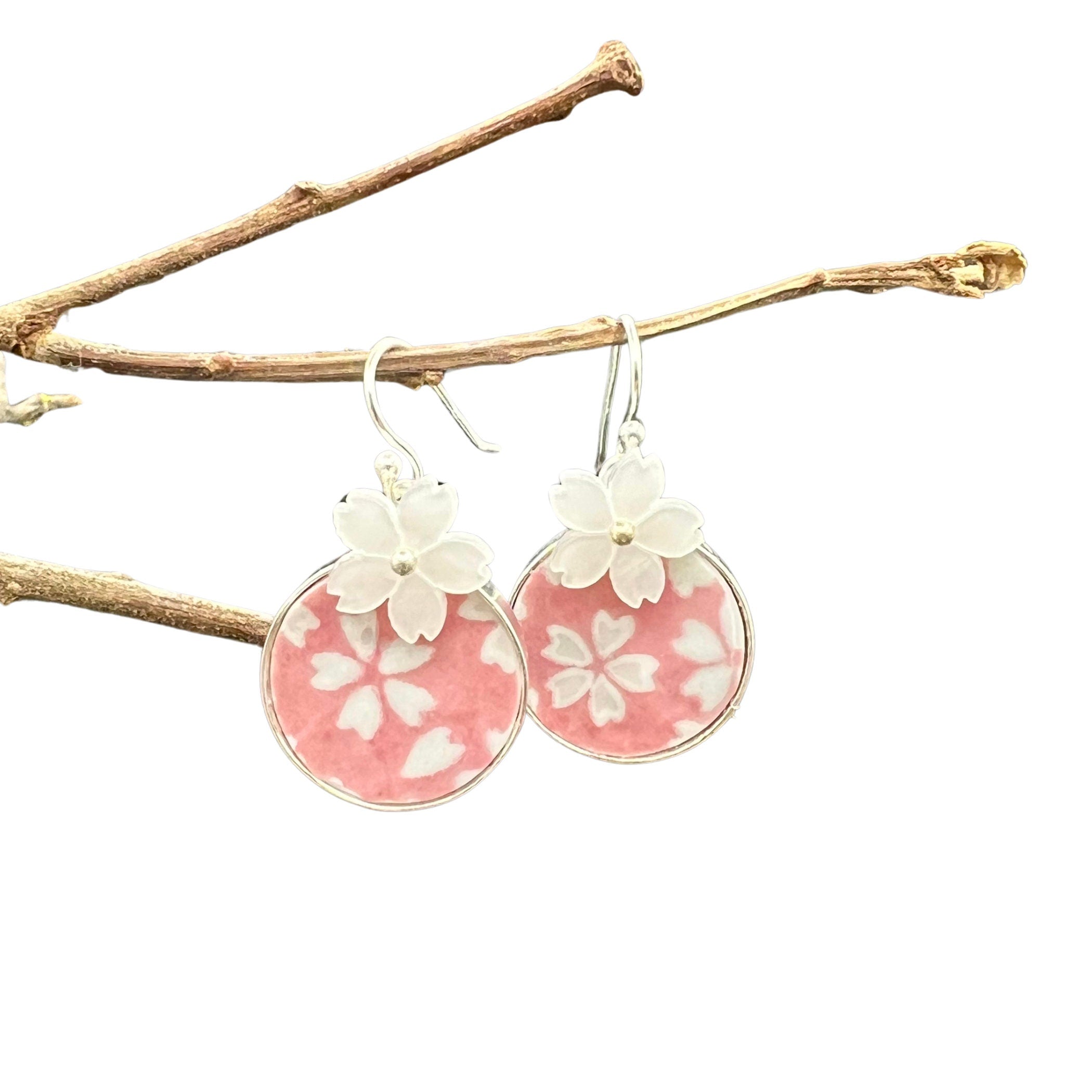 Japanese Sakura Earrings handmade with Broken China & Tiny Pearl Flowers