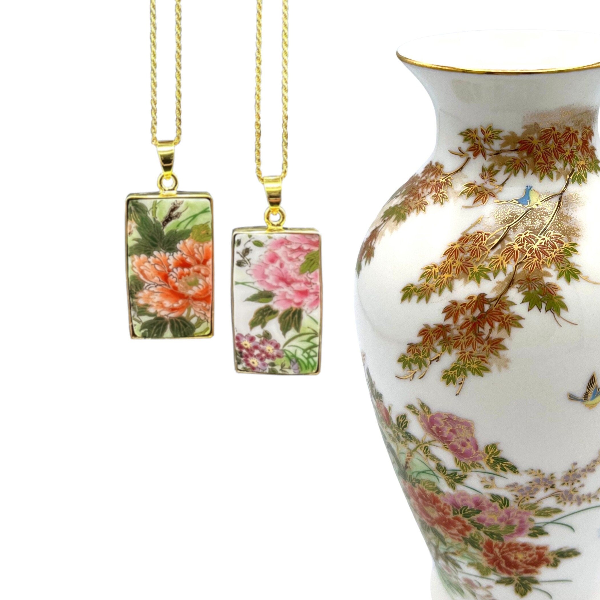 Vintage Chinoiserie Peony Necklaces handmade from a Japanese Imari Vase