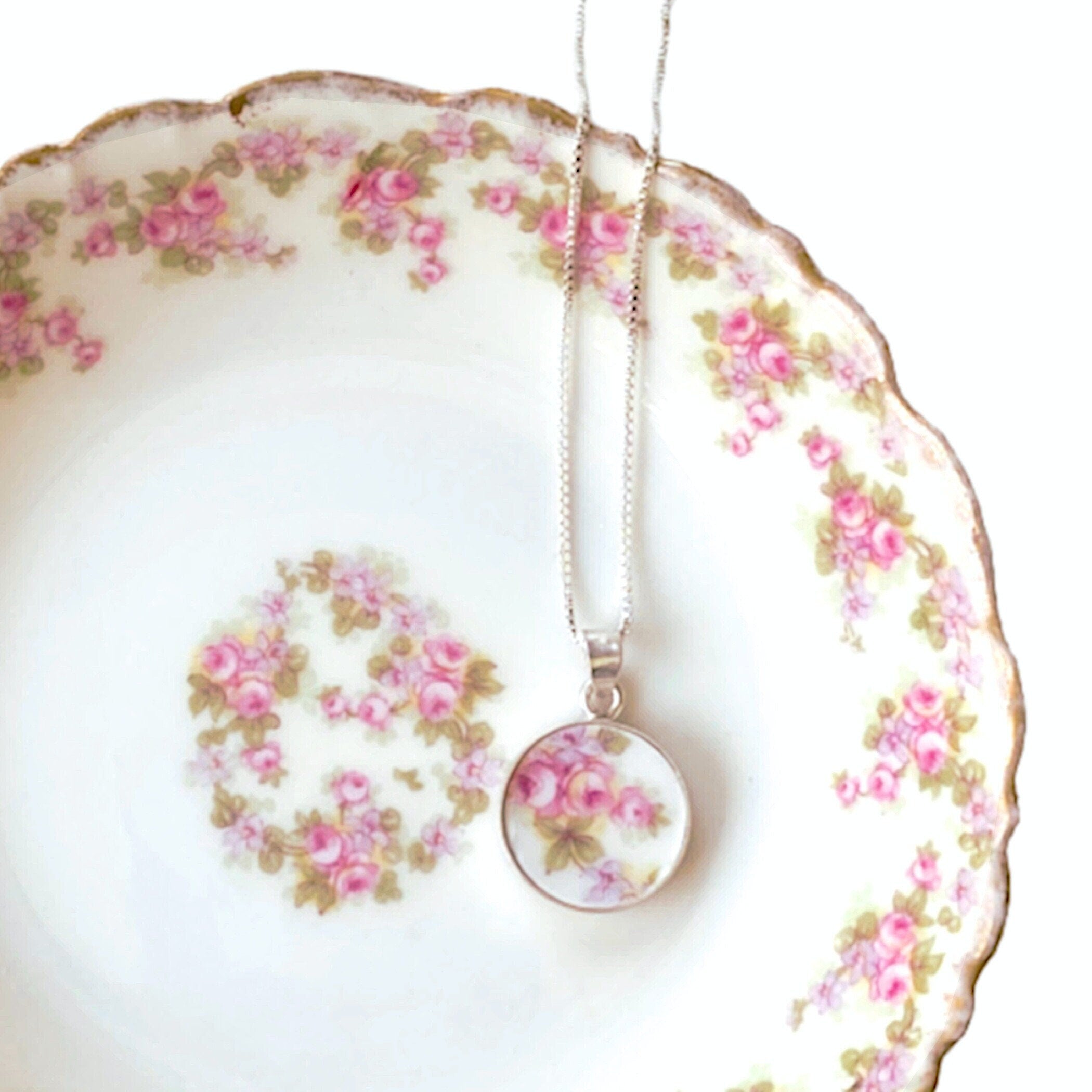 Vintage French Limoges Porcelain Rose Necklace with French Provincial Style