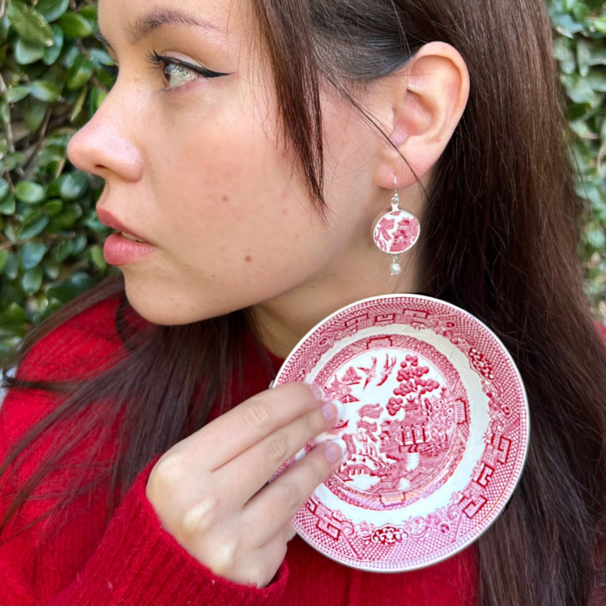 Red Chinoiserie China Earrings handmade with Upcycled Red Willow China