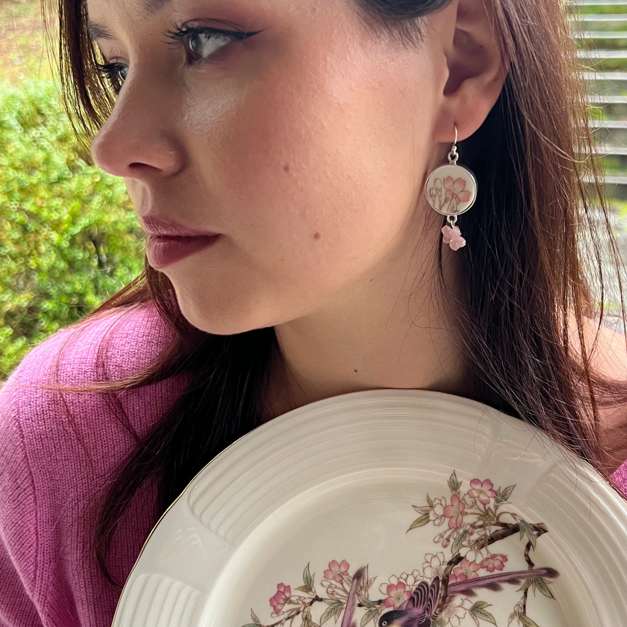 Upcycled Porcelain Japanese Cherry Blossom Earrings with Sakura Flower Dangles