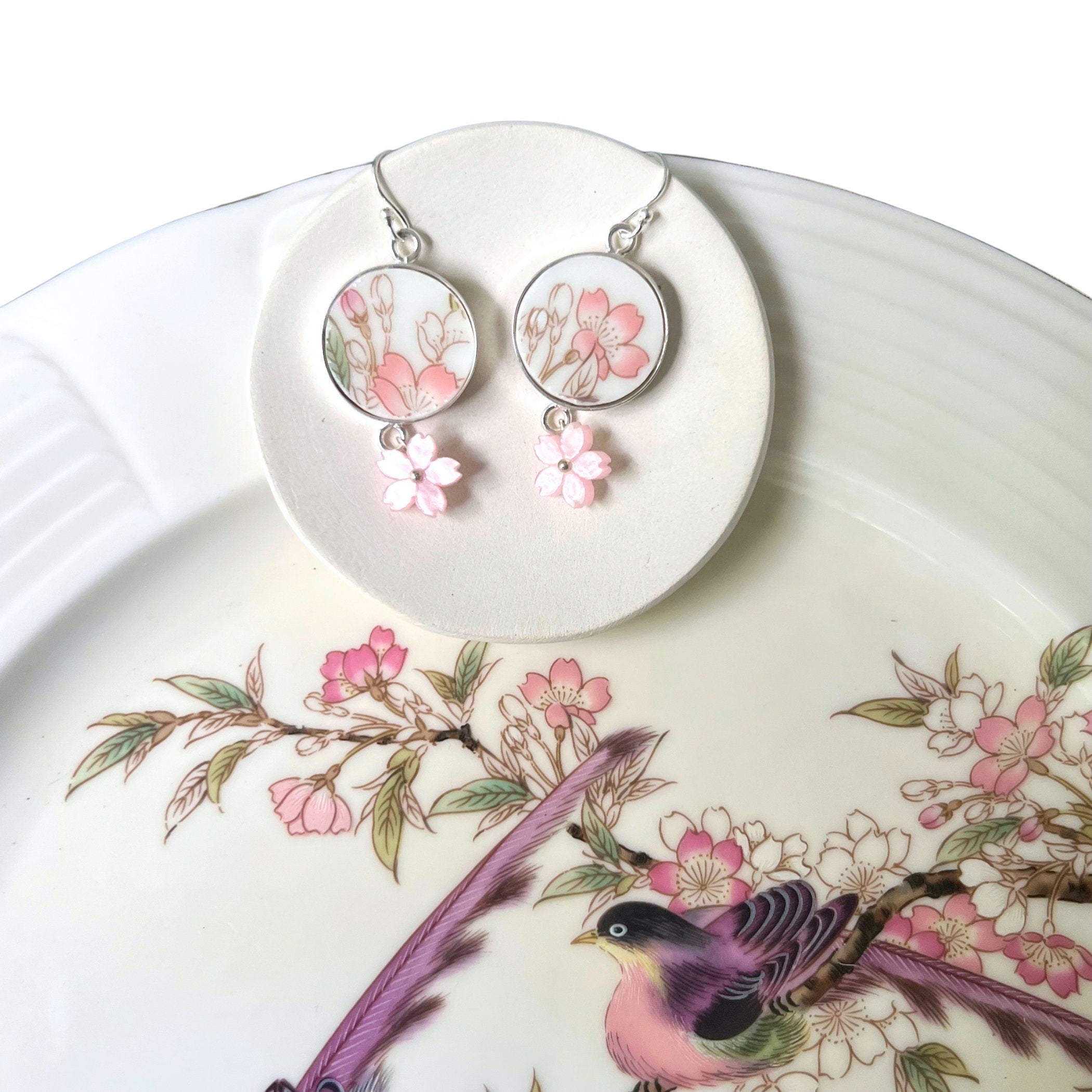 Upcycled Porcelain Japanese Cherry Blossom Earrings with Sakura Flower Dangles