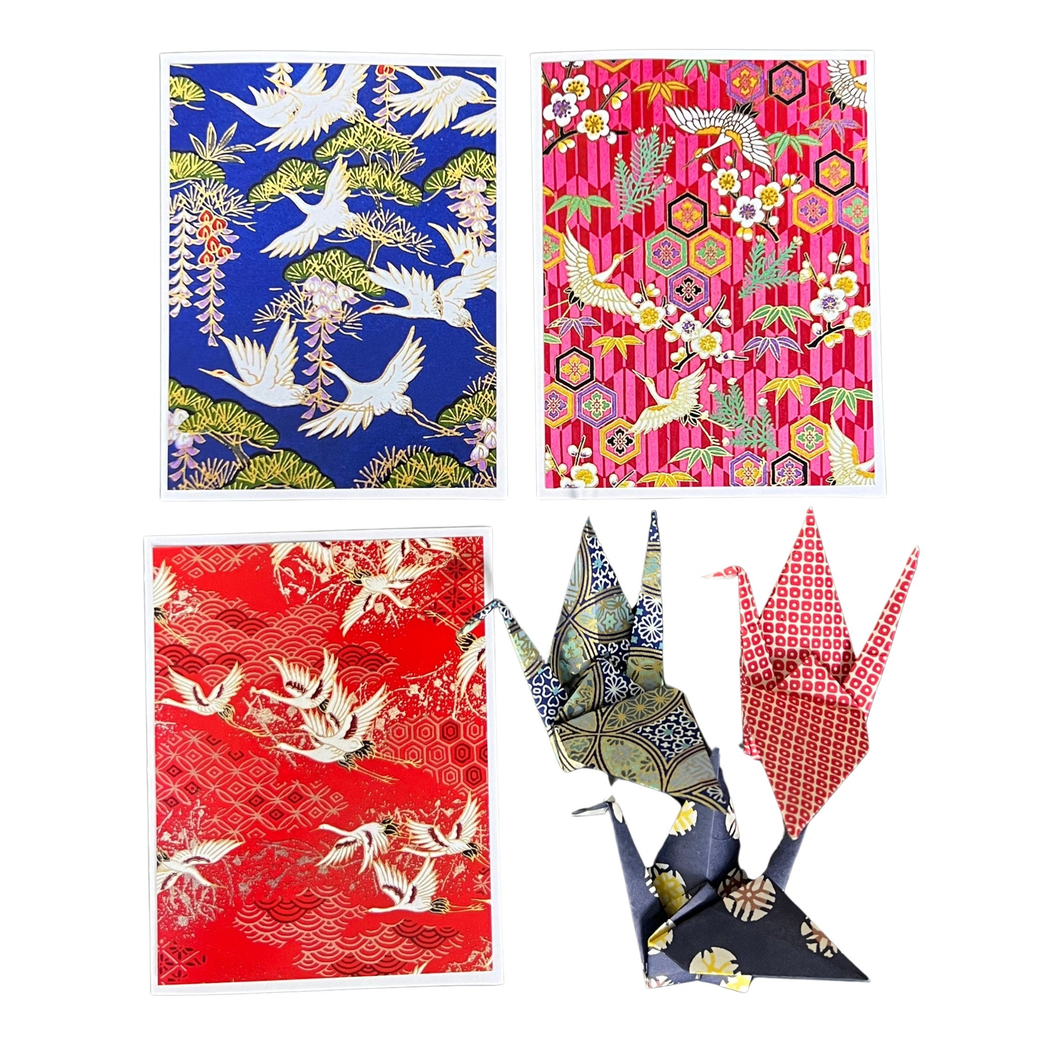 Japanese Crane Notecard Set of Assorted Tsuru Chiyogami Photo Cards & 3 Origami Paper Cranes