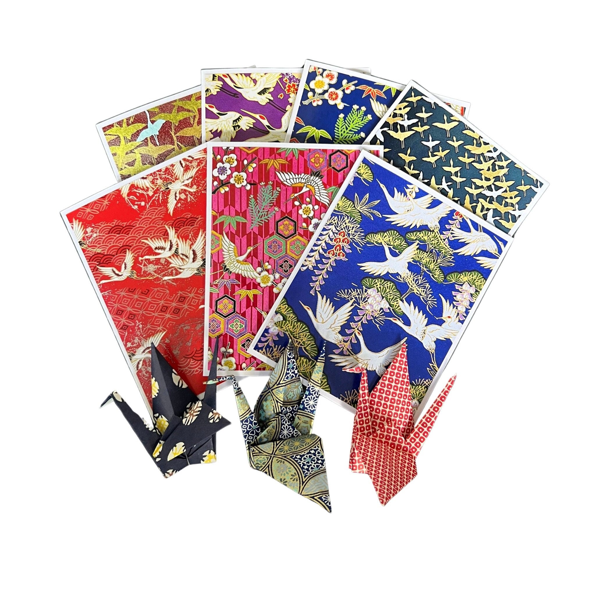 Japanese Crane Notecard Set of Assorted Tsuru Chiyogami Photo Cards & 3 Origami Paper Cranes