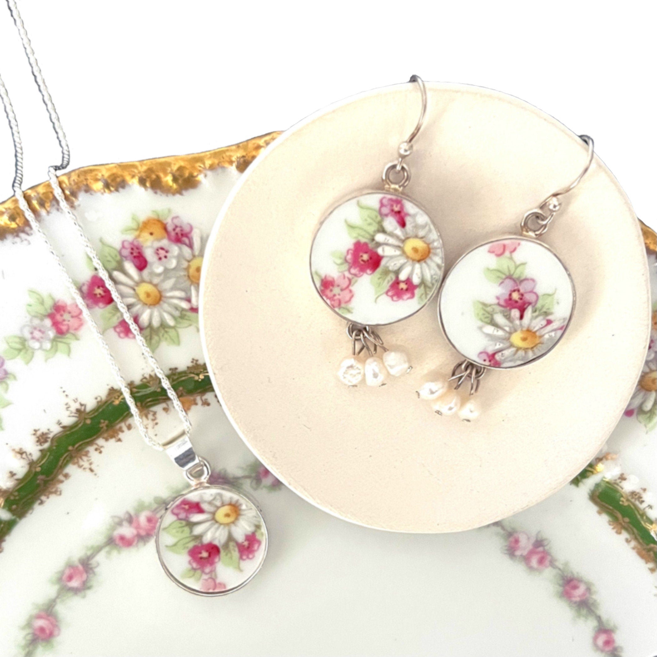 French Limoges Daisy China Necklace with Small Upcycled Porcelain Pendant