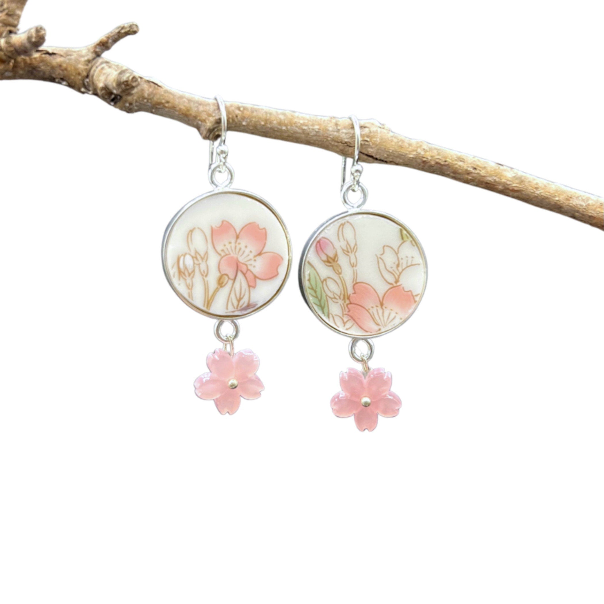 Upcycled Porcelain Japanese Cherry Blossom Earrings with Sakura Flower Dangles