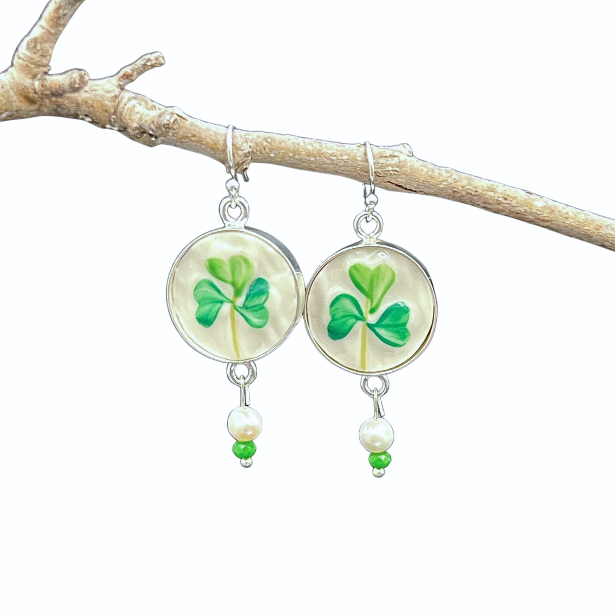 Irish Shamrock China Earrings handmade with Vintage Beleek China, Handpainted Broken China Jewelry Gift for Irish Good Luck Pride & Heritage