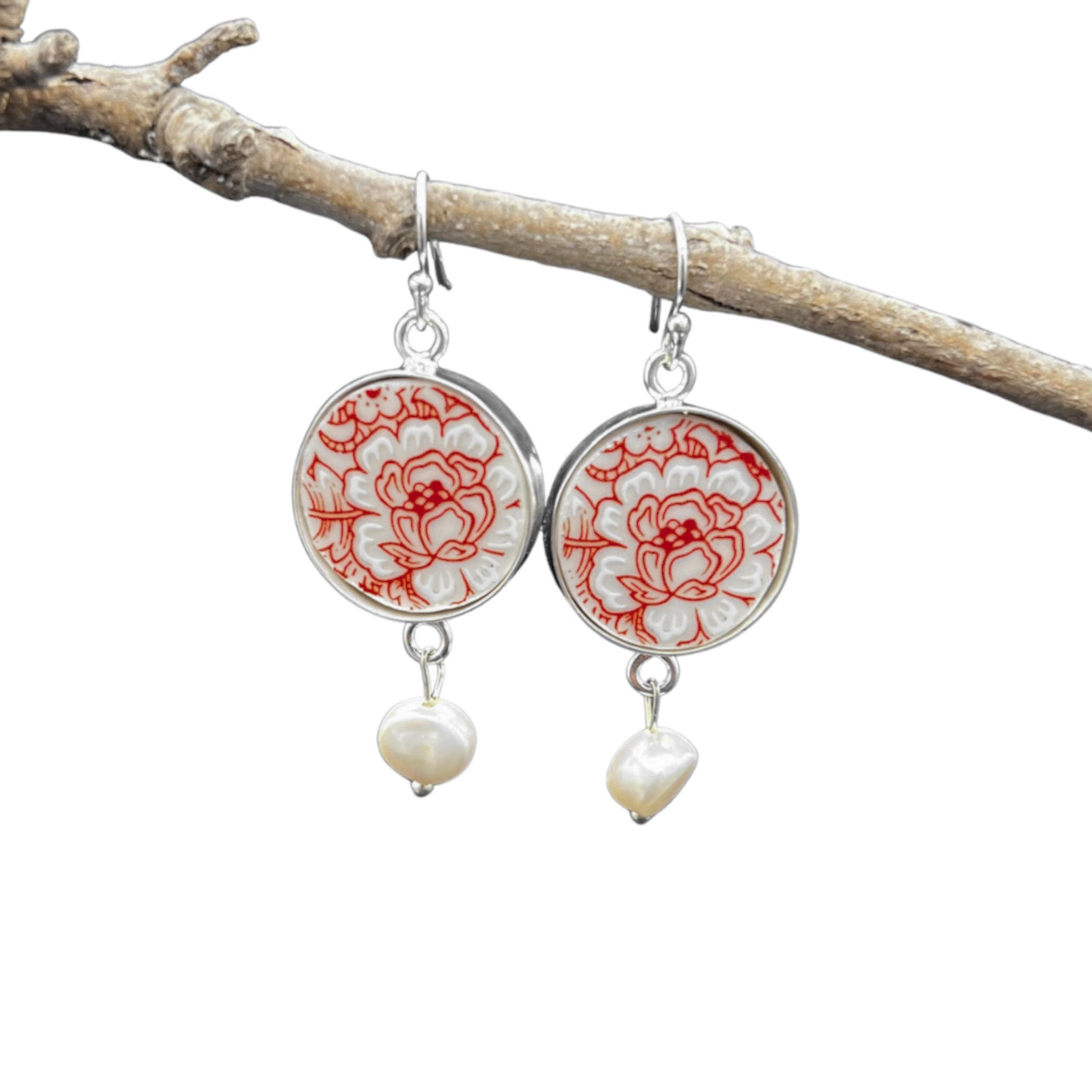 Dainty Rose Floral China Dangle Earrings handmade with Upcycled Red and White Porcelain & Sterling Silver