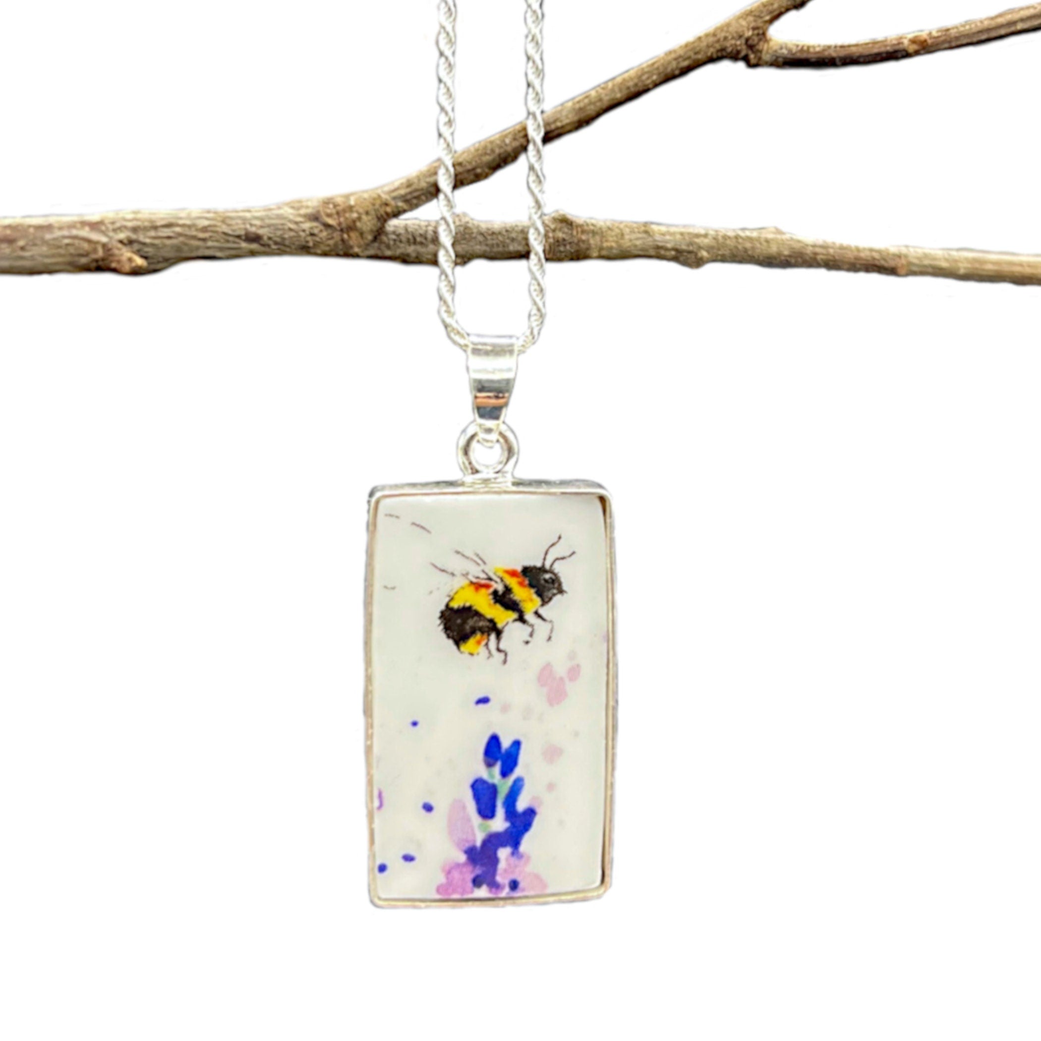 Bumble Bee China Necklace with Upcycled China Honey Bee Pendant & Sterling Silver