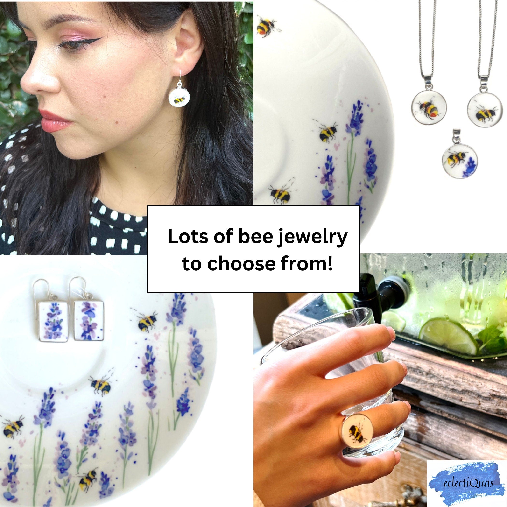 Bumble Bee China Necklace with Upcycled China Honey Bee Pendant & Sterling Silver