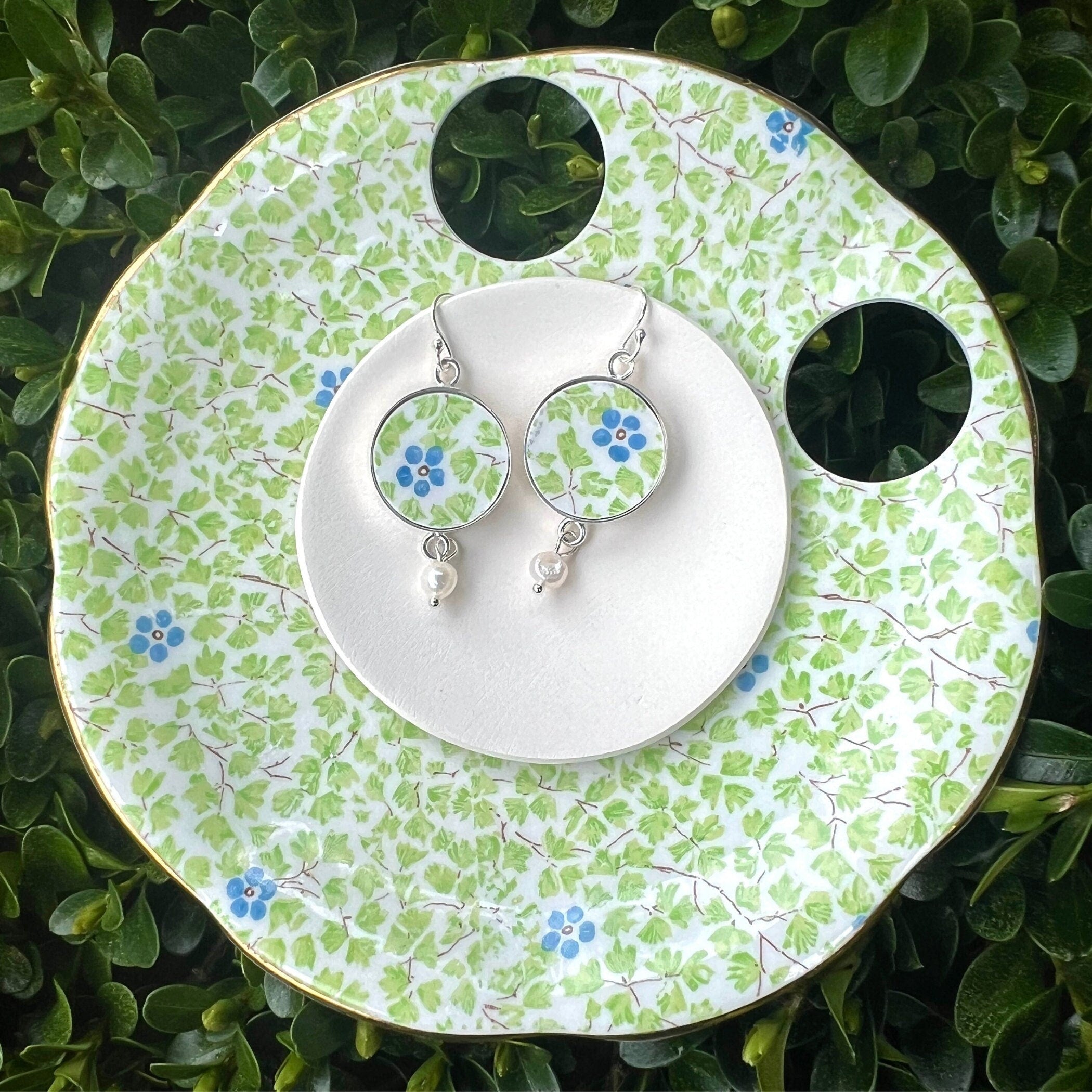 Fresh Spring Green Floral Chintz China Earrings with Tiny Blue Flowers