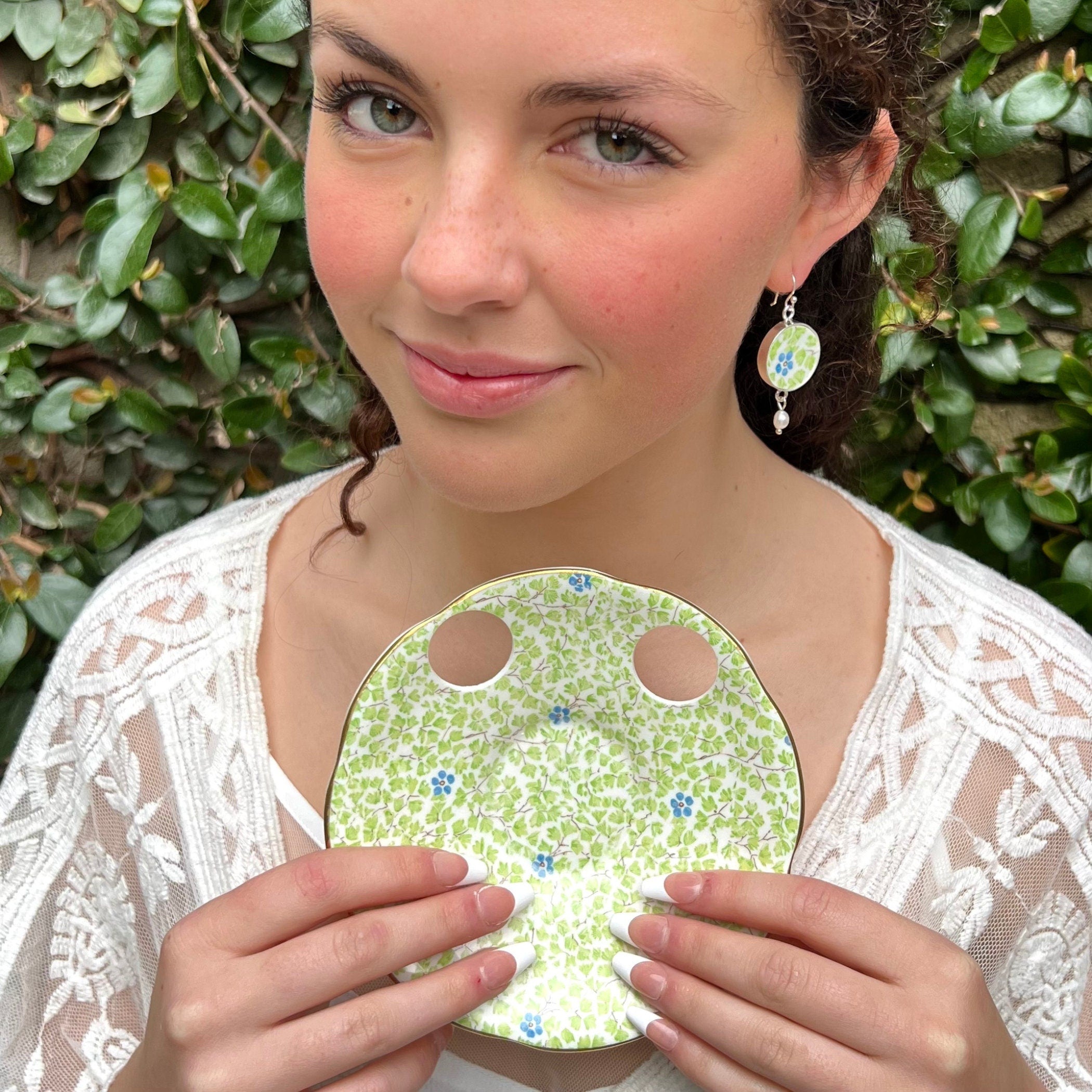 Fresh Spring Green Floral Chintz China Earrings with Tiny Blue Flowers