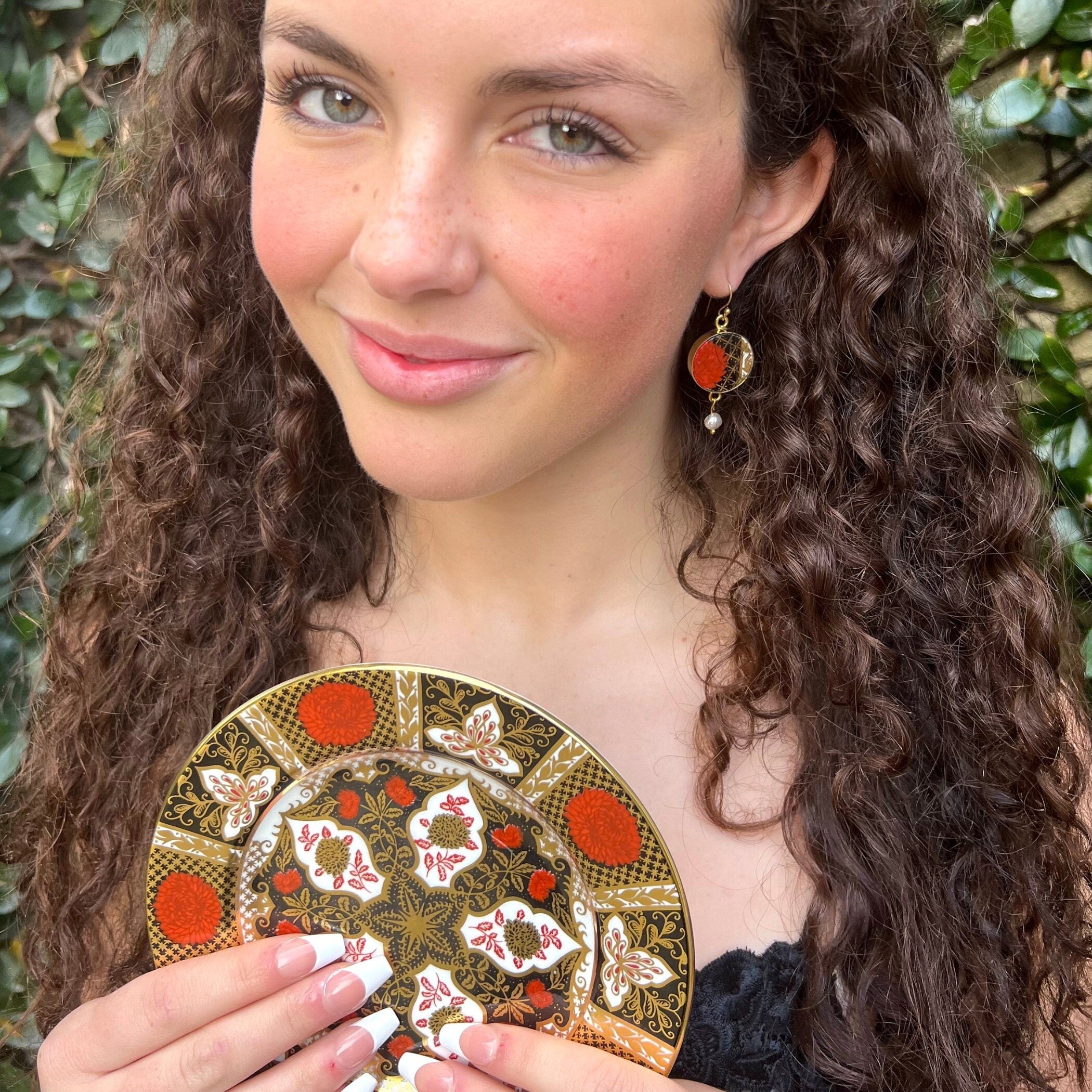 Upcycled Imari Porcelain Dangle Earrings handmade with Red Black Gold Imari