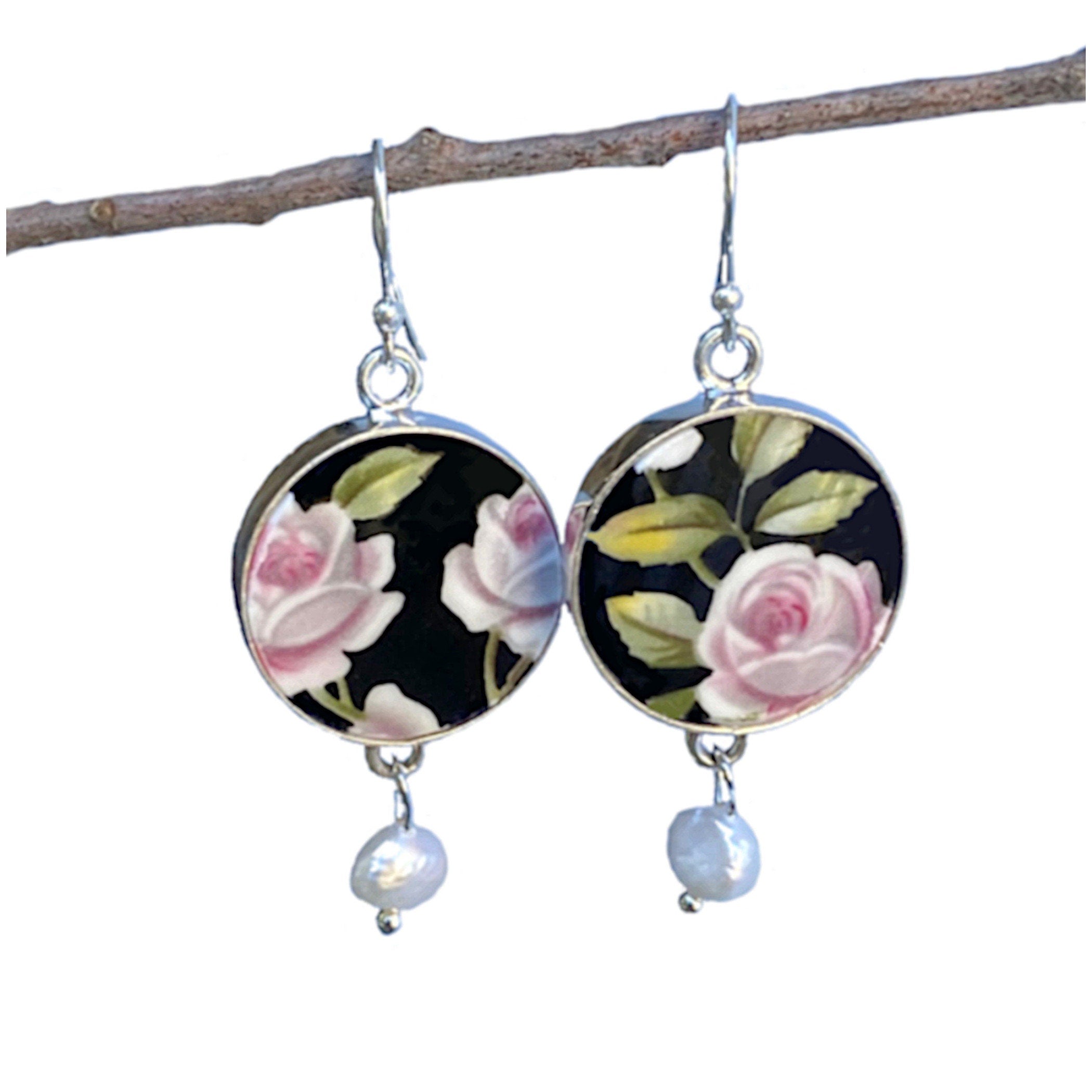 Elegant Rose Chintz China Earrings handmade with Vintage Royal Albert China