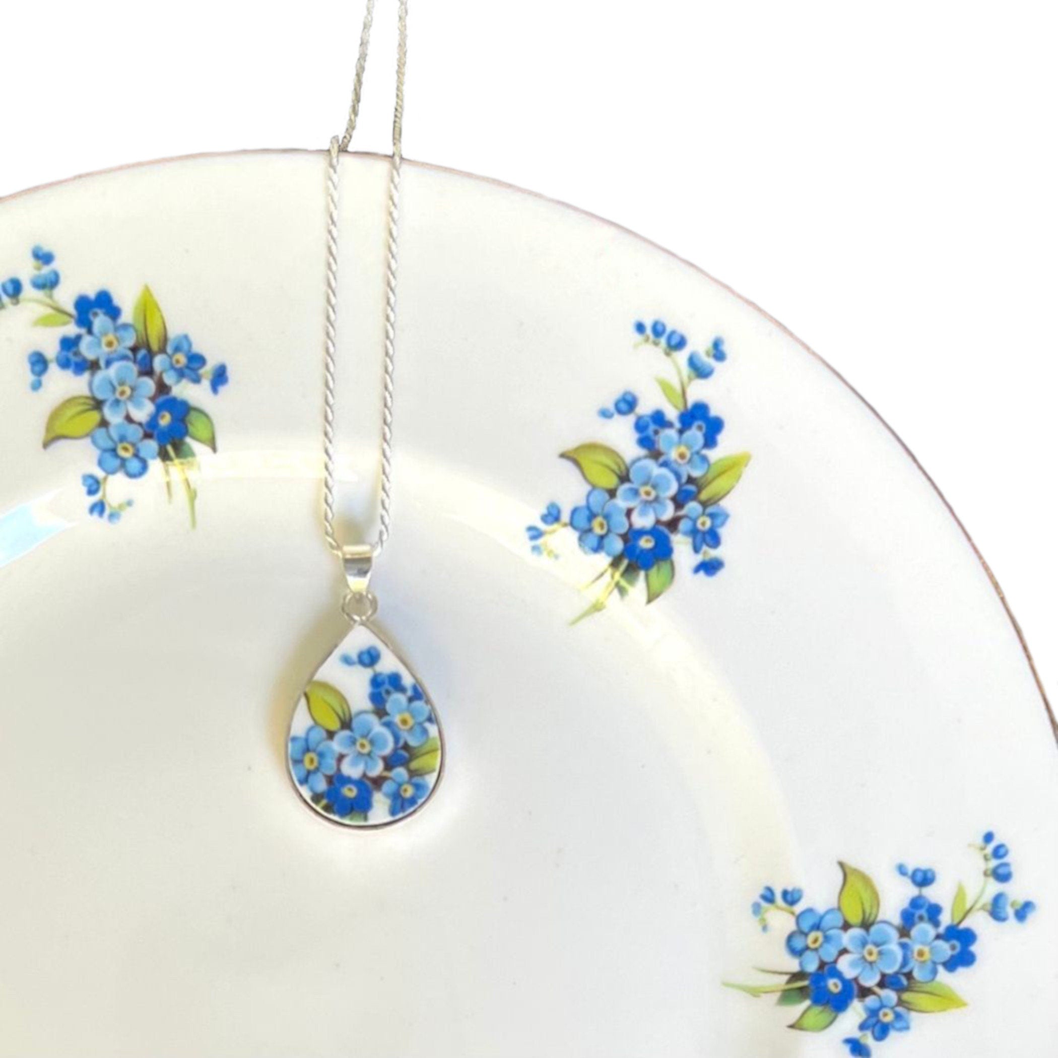 Broken China Jewelry Bavarian Forget Me Nots Blue Flowers shops Pendant