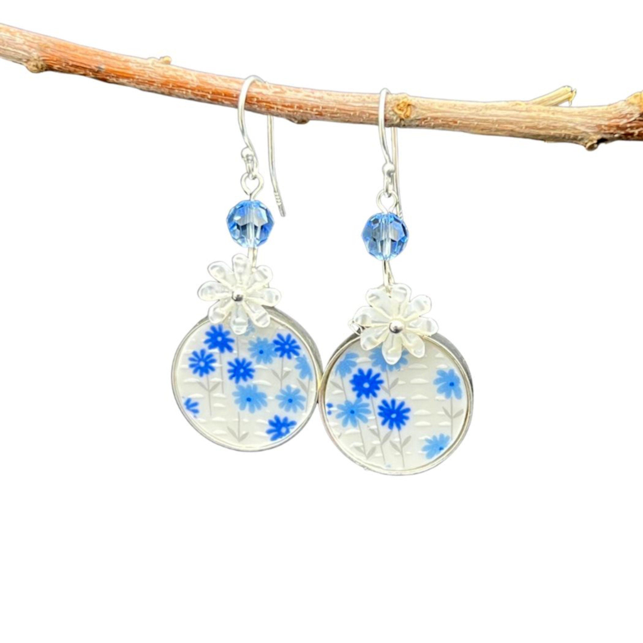 Dainty Blue Floral China Earrings handmade with Tiny Flowers & Swarovski Crystals