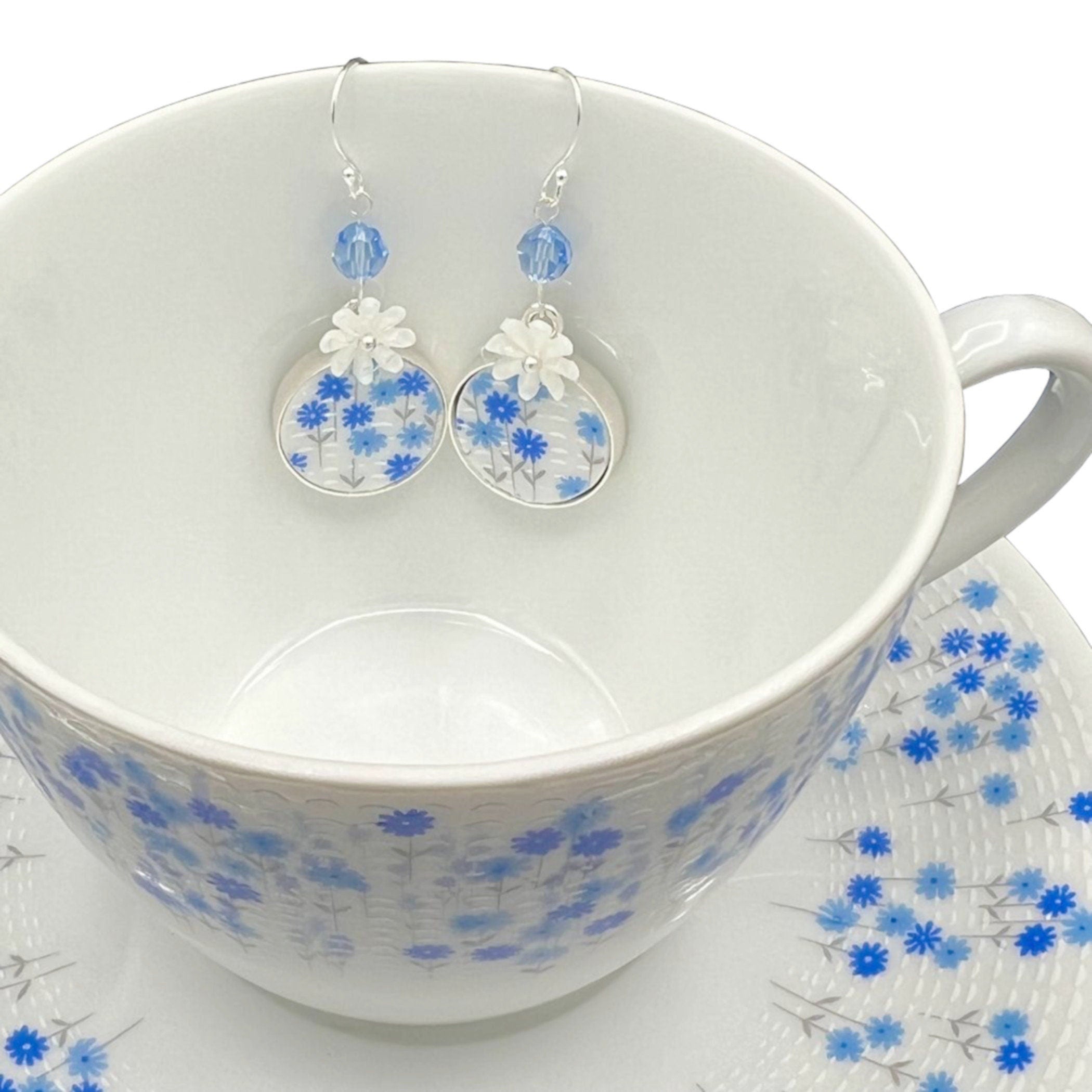 Dainty Blue Floral China Earrings handmade with Tiny Flowers & Swarovski Crystals