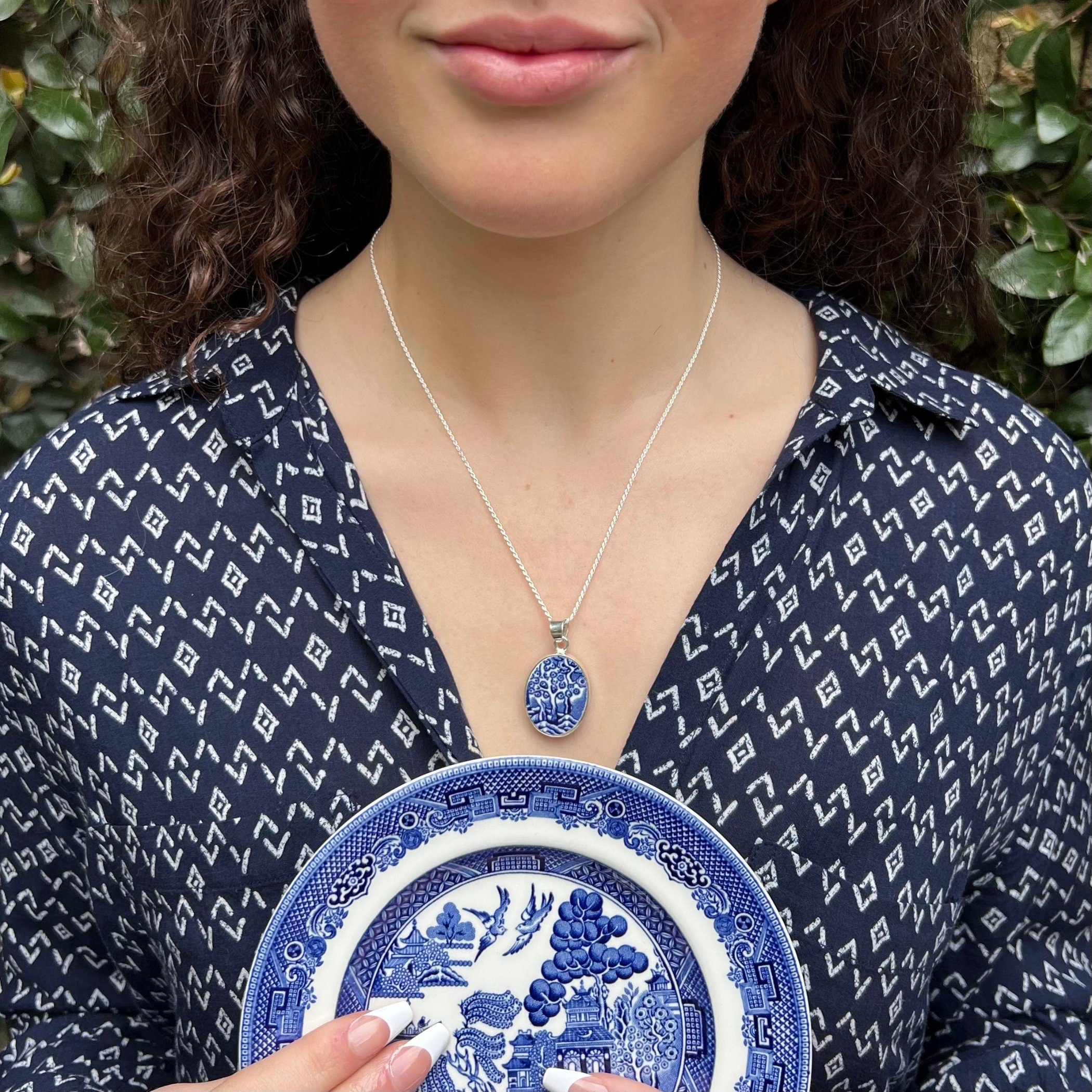 Vintage Tree of Life Pendant handmade with Upcycled Blue Willow China