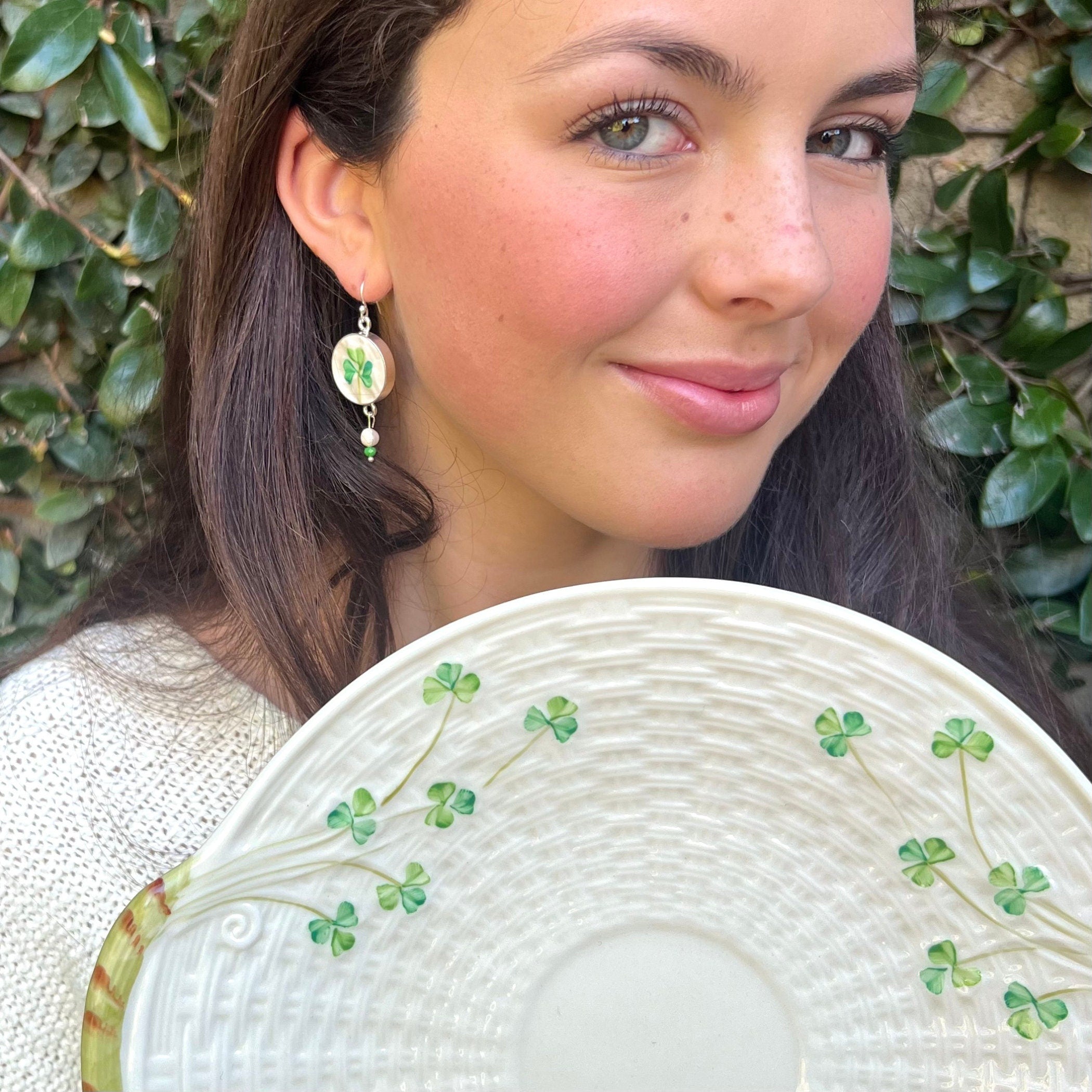 Irish Shamrock China Earrings handmade with Vintage Beleek China, Handpainted Broken China Jewelry Gift for Irish Good Luck Pride & Heritage