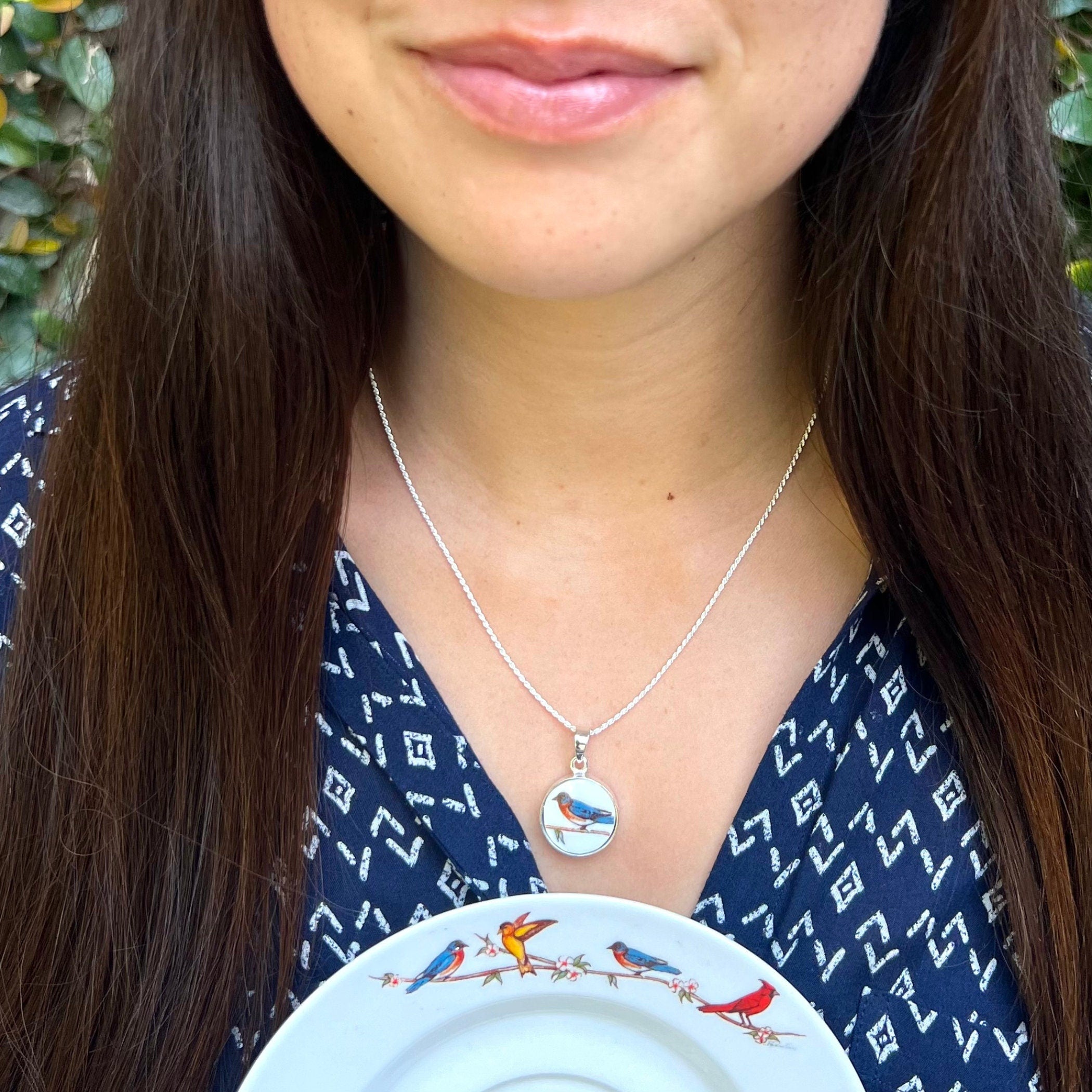 Vintage Blue Robin Necklace handmade with Repurposed China, Tiny Bluebird Broken China Jewelry, Meaningful Jewelry Good Luck Gift for Her