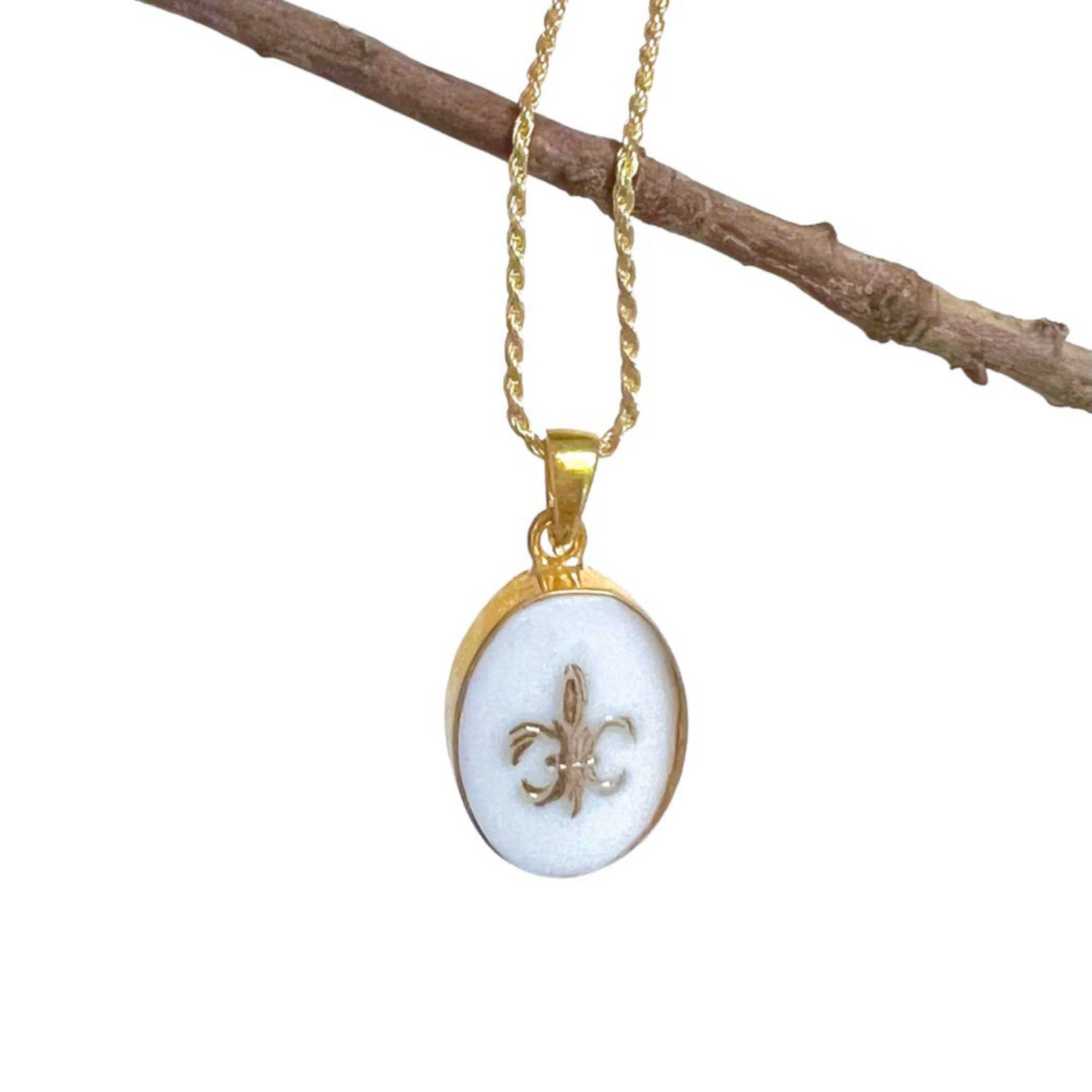 Dainty Fleur de Lis Gold China Necklace handmade with French Art Deco Porcelain & Sterling Silver