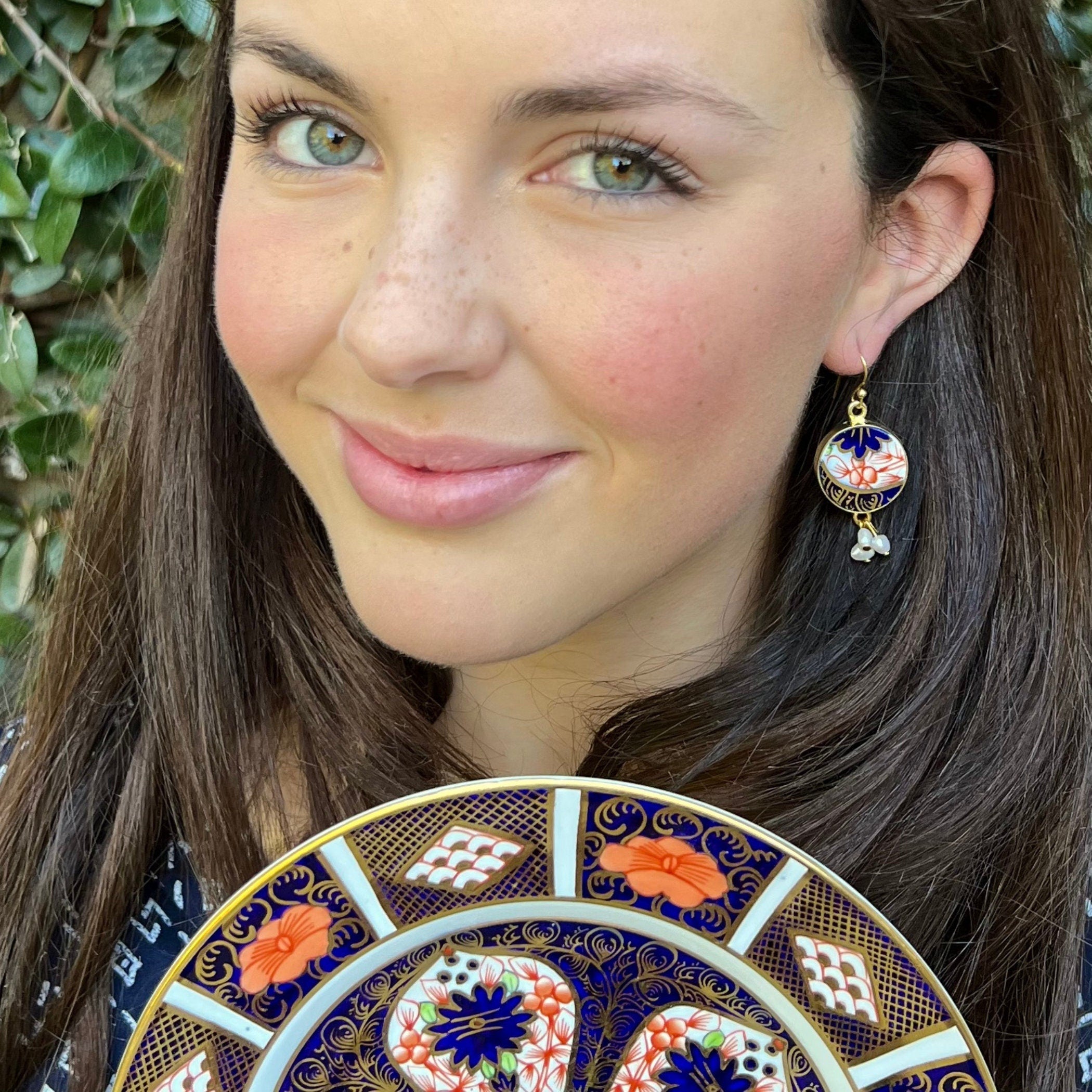 Royal Crown Derby Imari Porcelain Earrings handmade from an Old Imari Plate