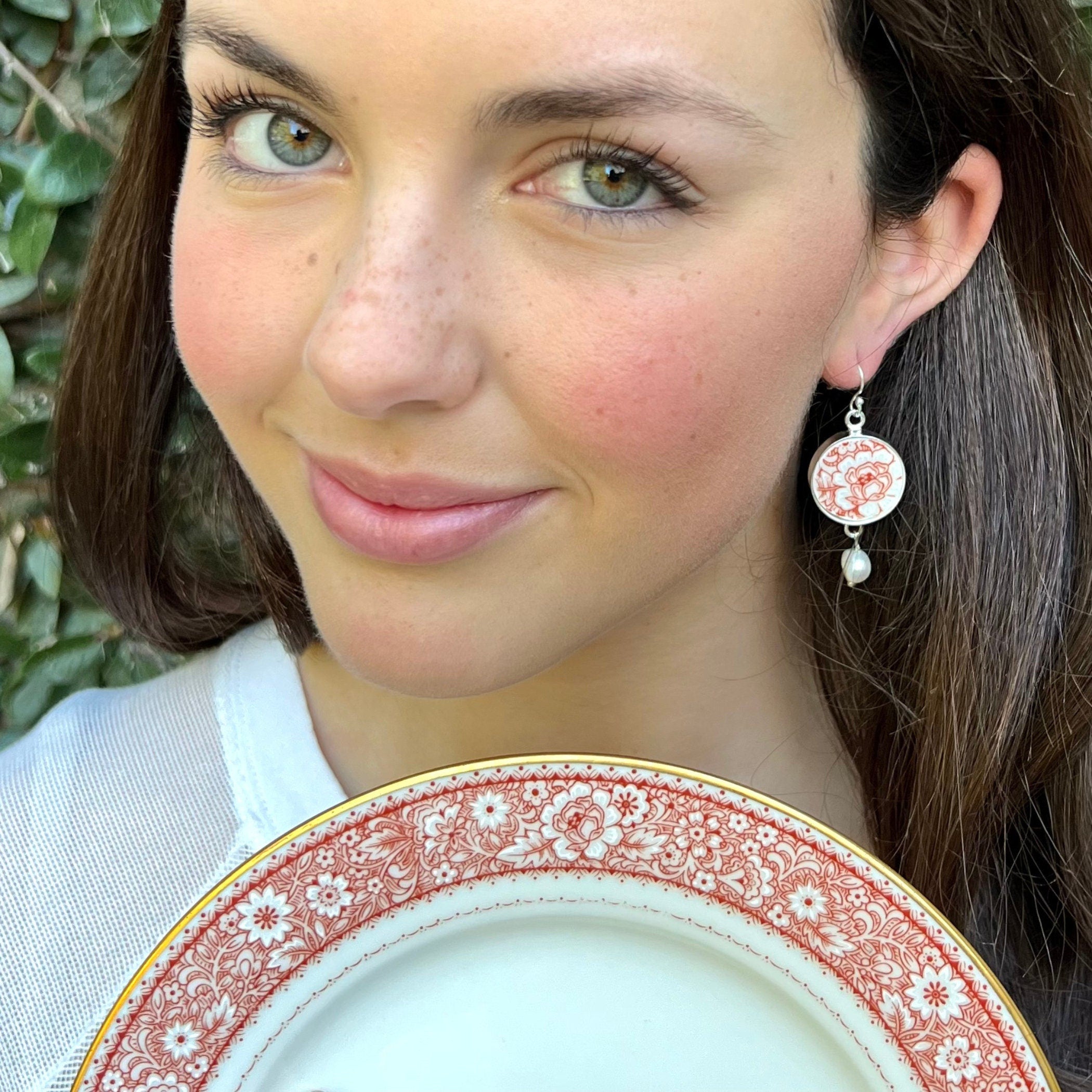 Dainty Rose Floral China Dangle Earrings handmade with Upcycled Red and White Porcelain & Sterling Silver