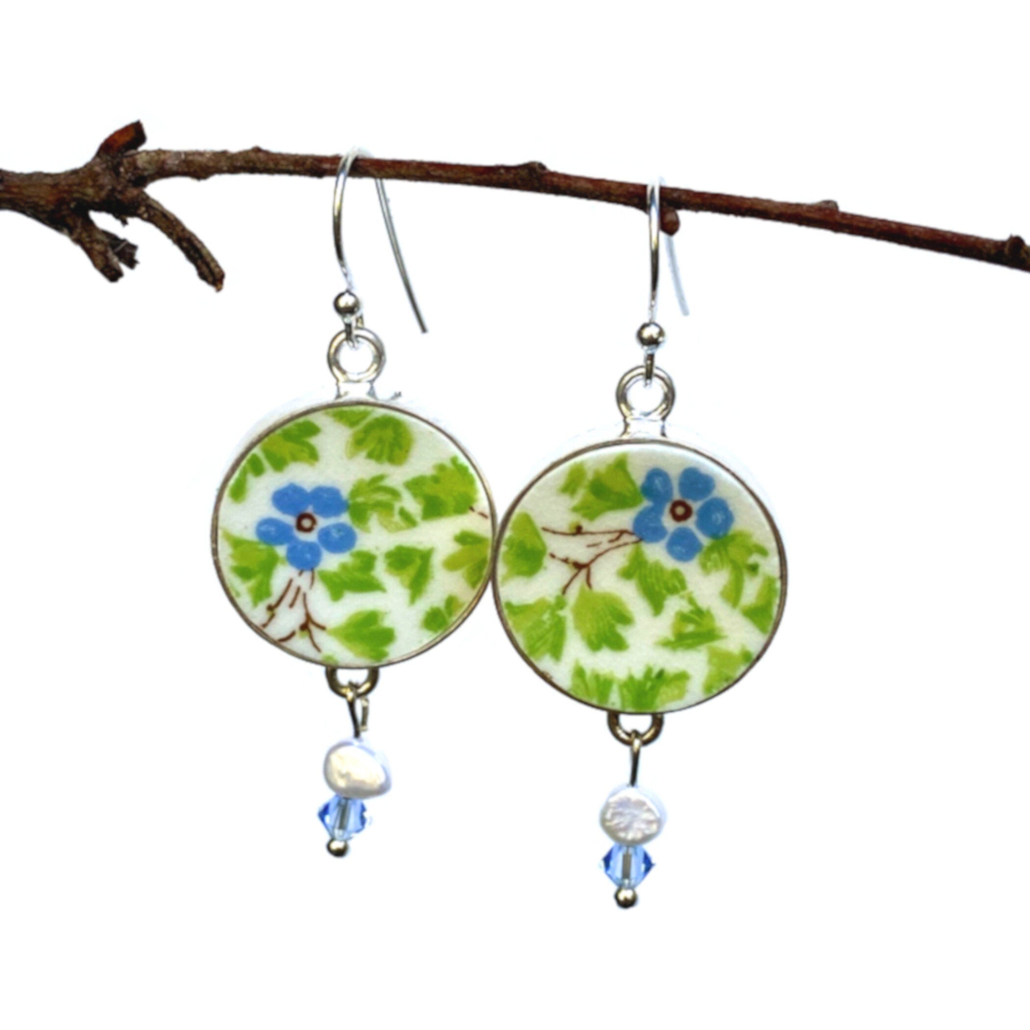 Fresh Spring Green Floral Chintz China Earrings with Tiny Blue Flowers