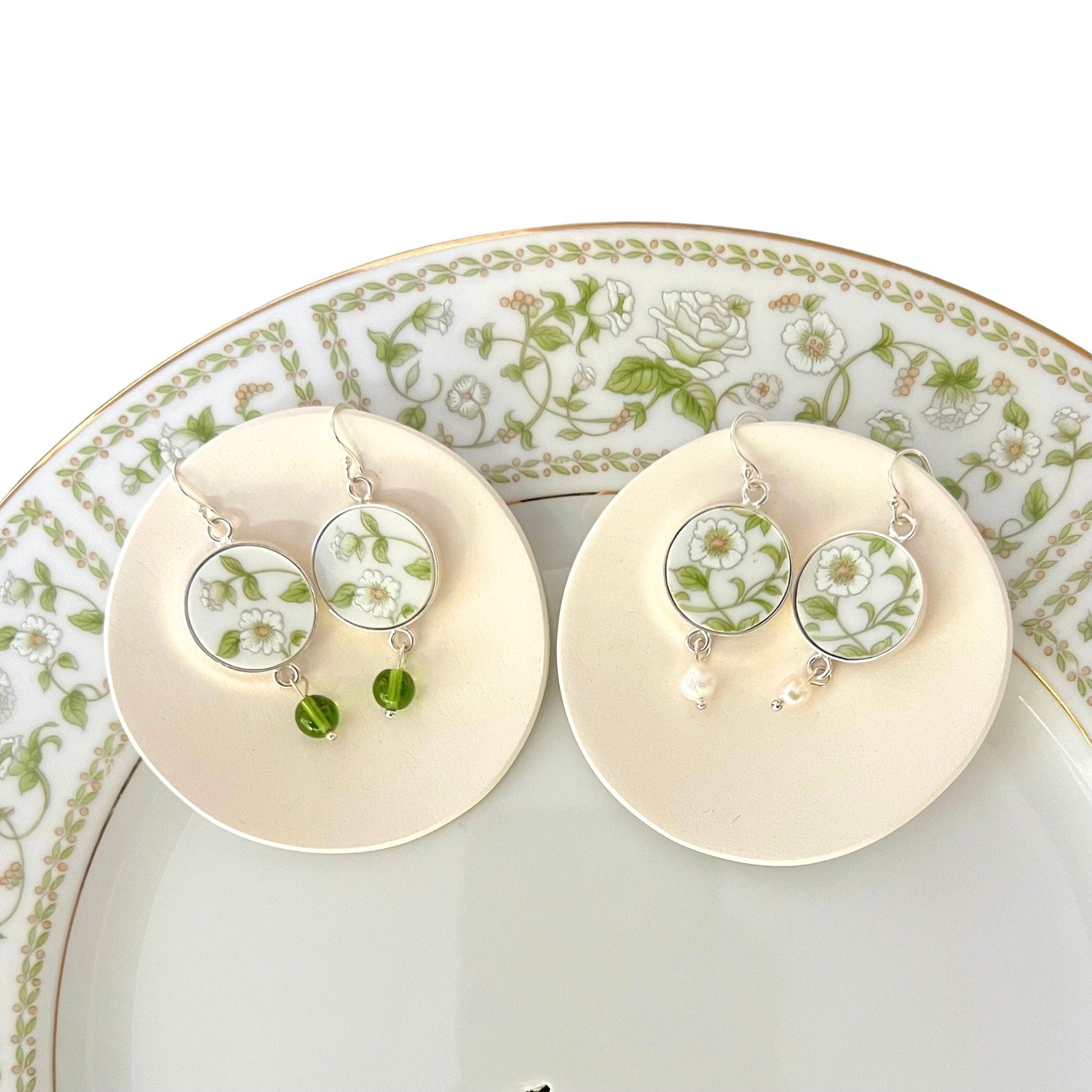 Upcycled Botanical Floral China Earrings handmade from a Repurposed China Plate, Cottagecore Broken China Jewelry Gift for Nature Lovers