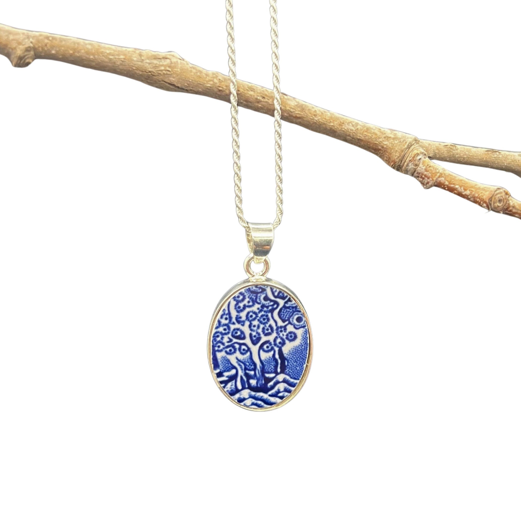 Vintage Tree of Life Pendant handmade with Upcycled Blue Willow China