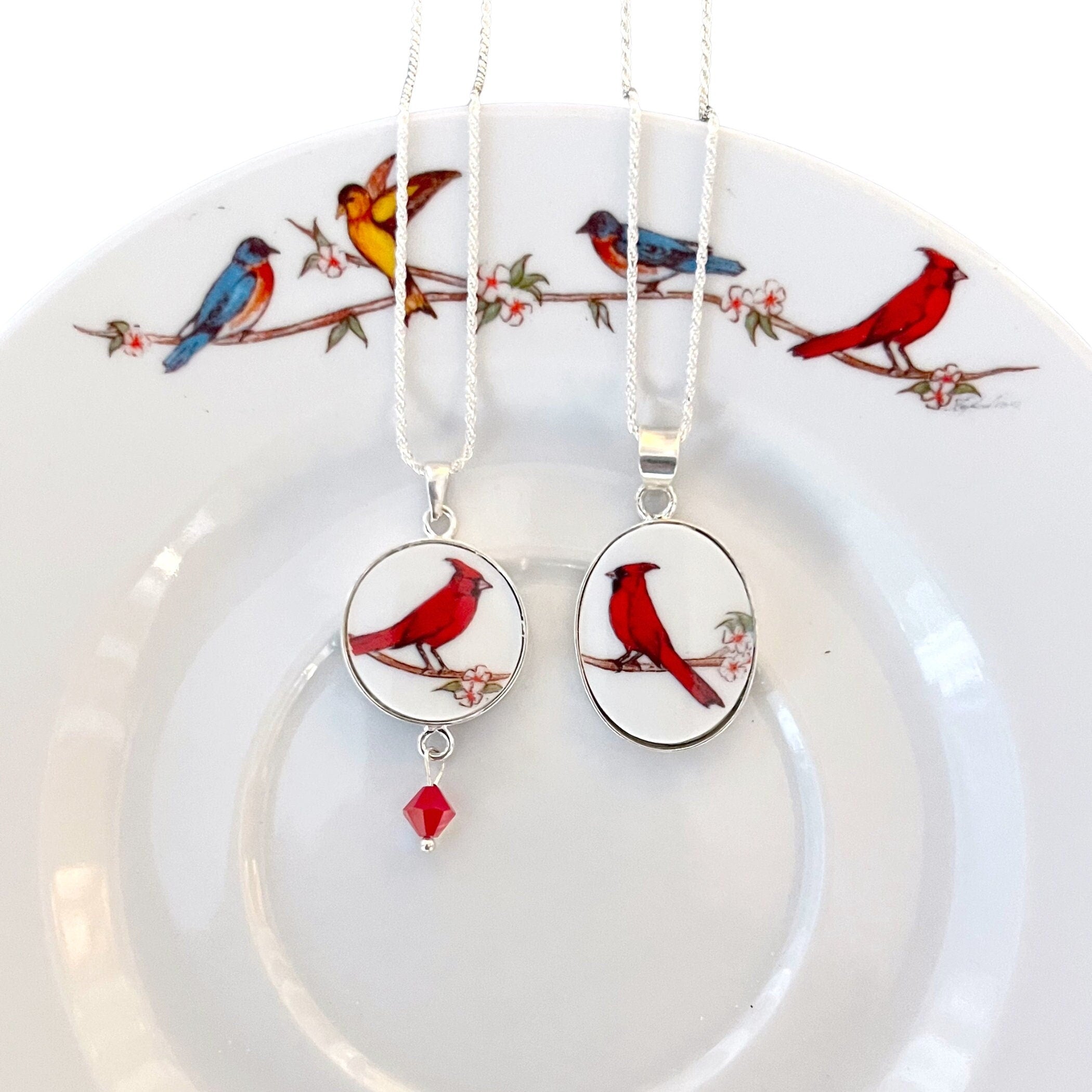 Red Cardinal Jewelry Necklace handmade with Vintage China & Sterling Silver, Broken China Jewelry Gift for a St Louis Cardinals Baseball Fan