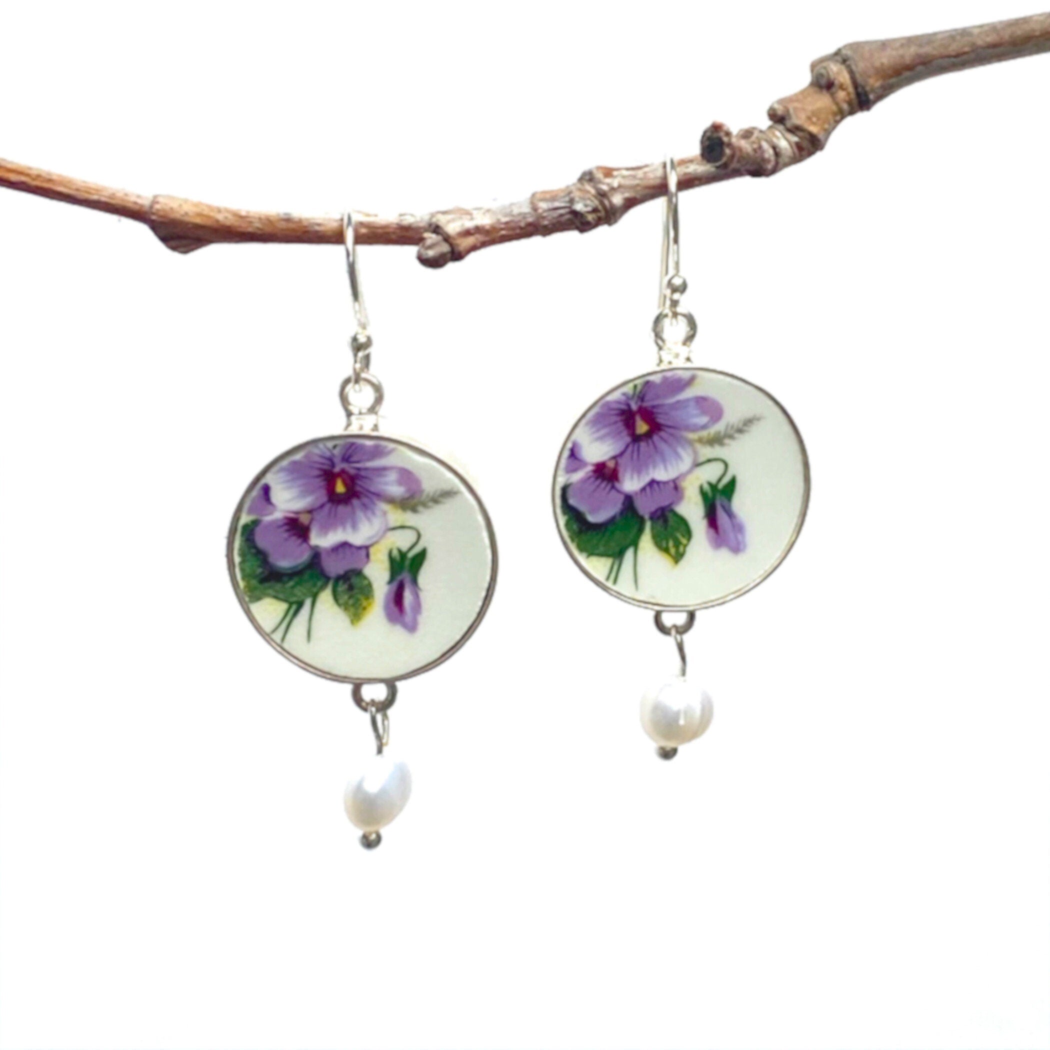 Sweet Purple Violets China Earrings handmade with Vintage Rosina Queens China & Freshwater Pearls, Broken China Jewelry Gift For Women