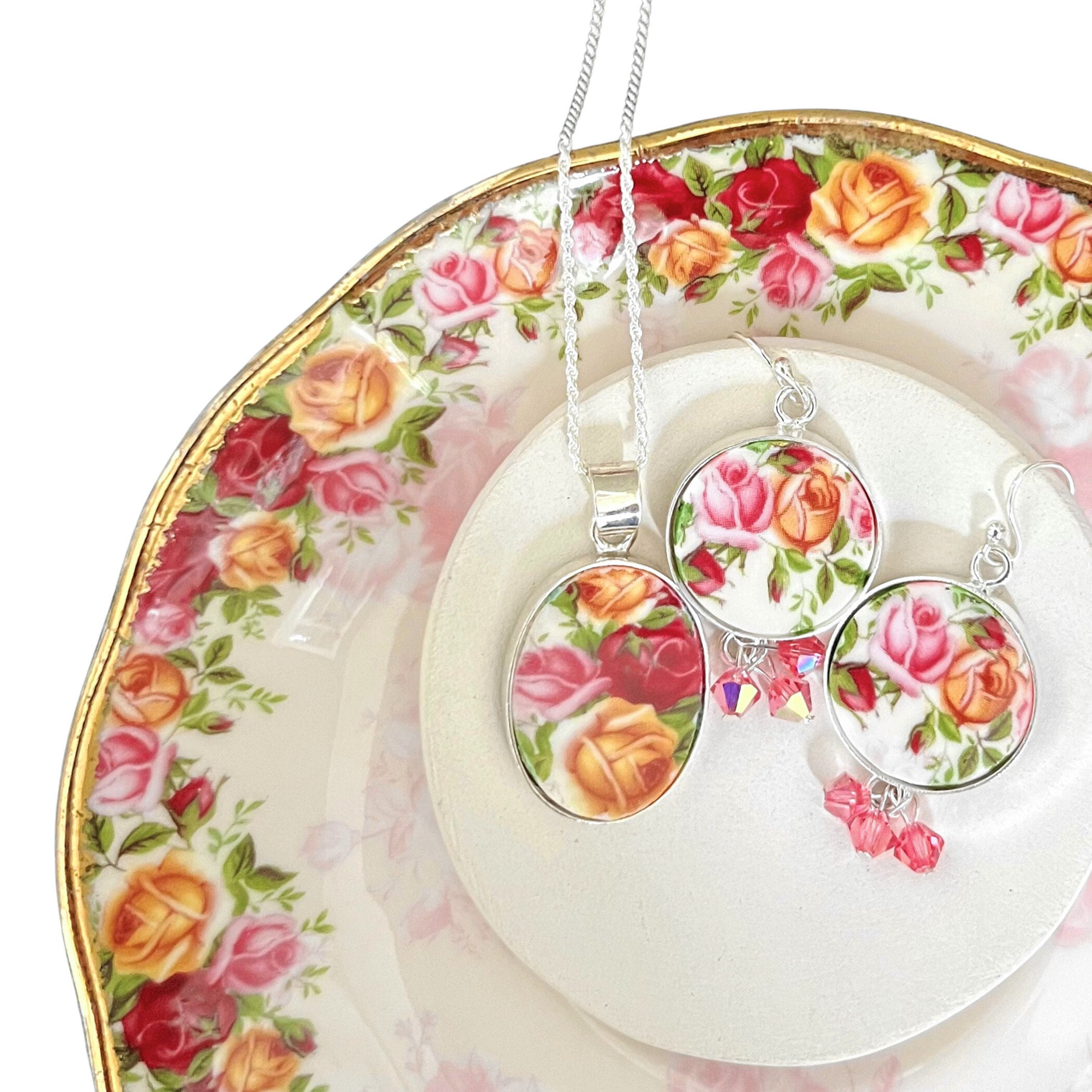 Royal Albert Old Country Roses Peach Blossom Broken China Jewelry, OCR Collectible China Necklace & Earrings 20th Anniversary Gift for Wife