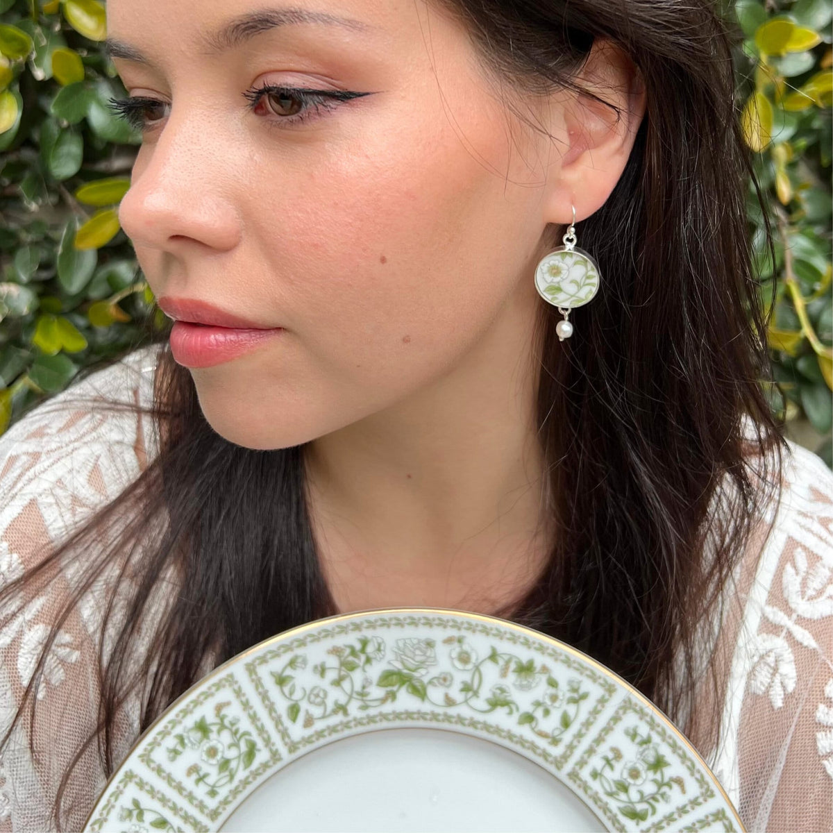Green Floral Vintage China Jewelry, Ceramic Statement Earrings handmade with Upcycled Porcelain & Sterling Silver, Autumn Birthday Gift