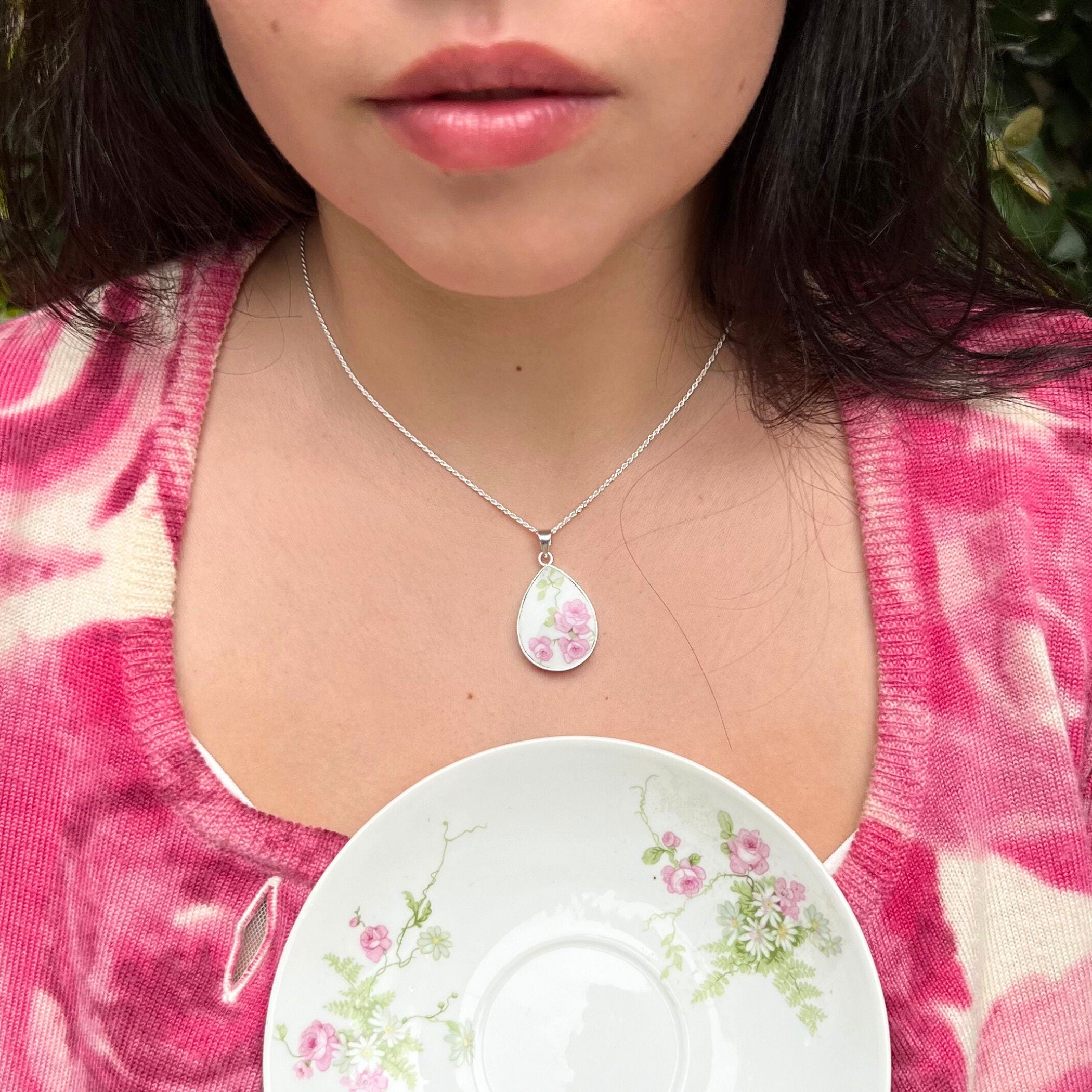 Vintage French Limoges Porcelain Necklace handmade with Upcycled Rose China