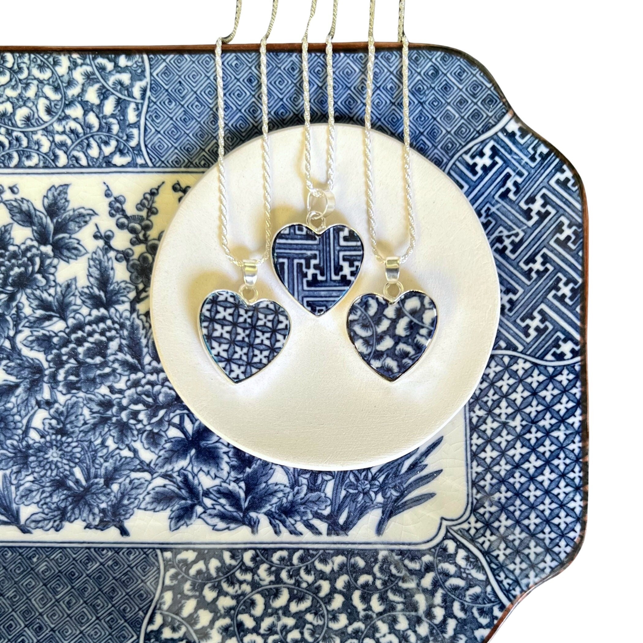 Dainty Heart China Necklace handmade with Upcycled Blue and White Porcelain & Sterling Silver, Chinoiserie Broken China Jewelry Gift for Her