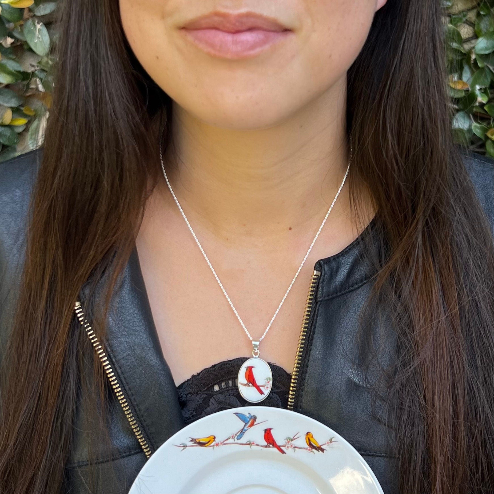 Red Cardinal Necklace handmade with State Bird or College Mascot, Vintage Broken China Jewelry Gift for Graduation Alumni & Team Spirit