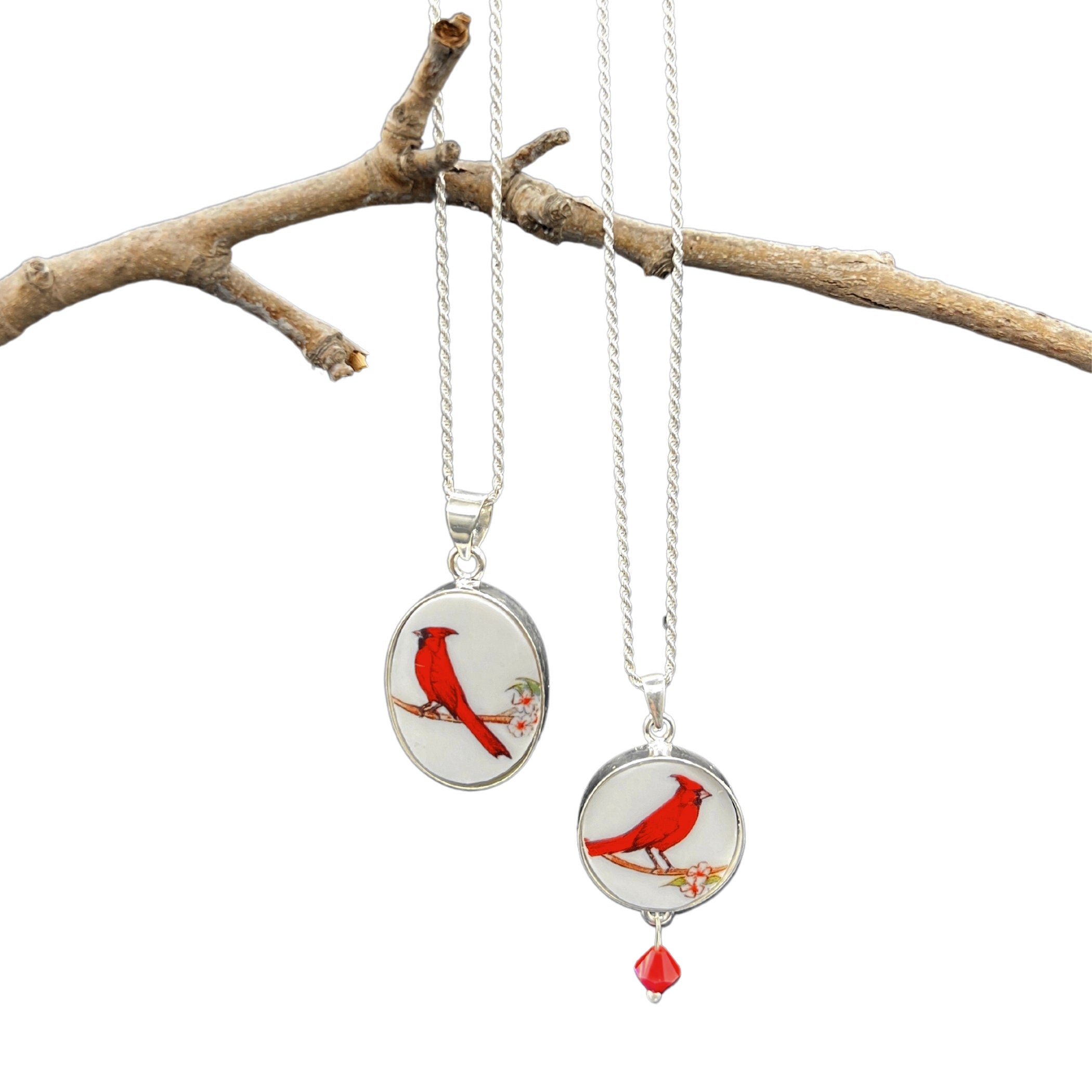 Red Cardinal Necklace handmade with State Bird or College Mascot, Vintage Broken China Jewelry Gift for Graduation Alumni & Team Spirit