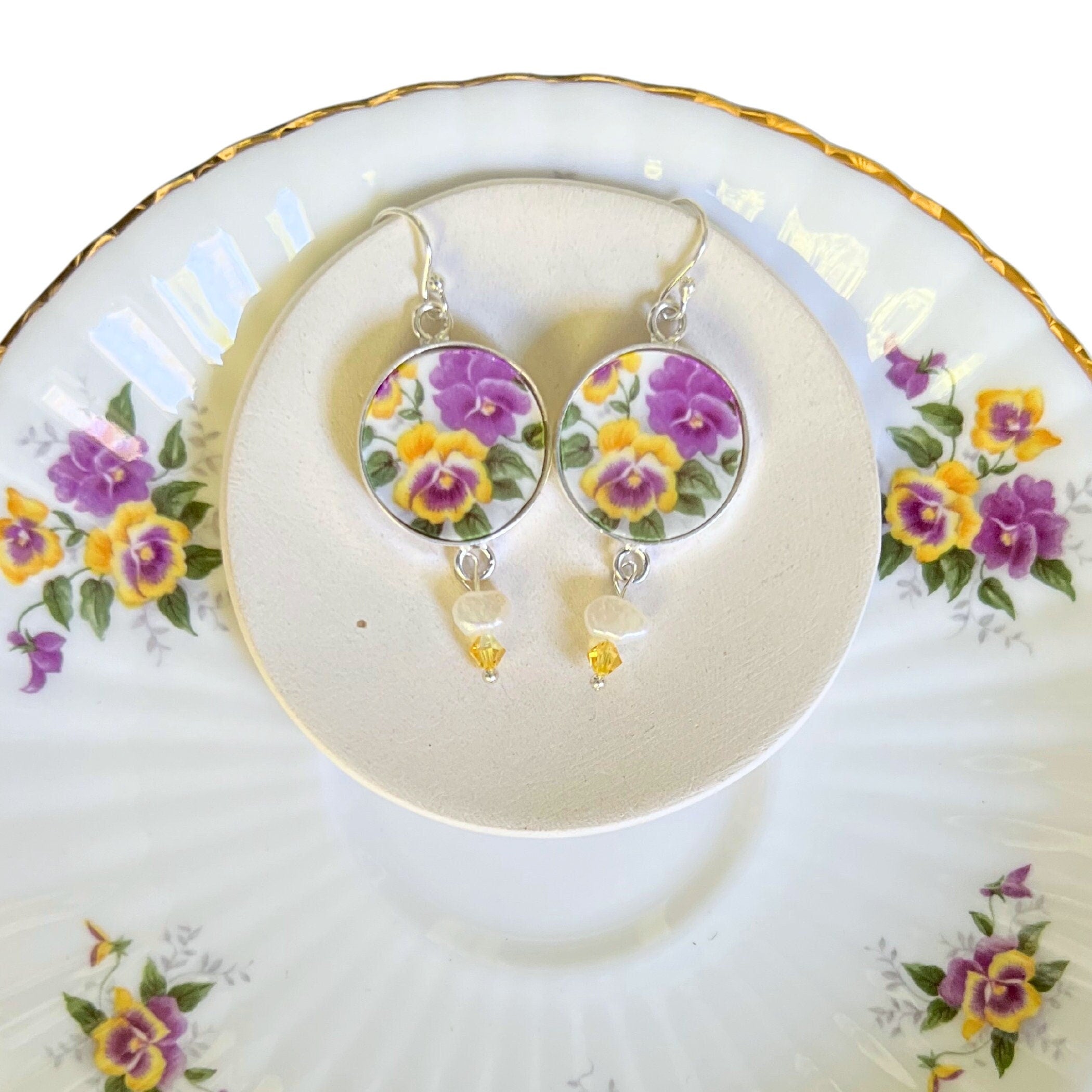 Vintage Purple and Yellow Pansy Flower China Earrings handmade with Upcycled Porcelain, Spring Floral Broken China Jewelry Gift for Women