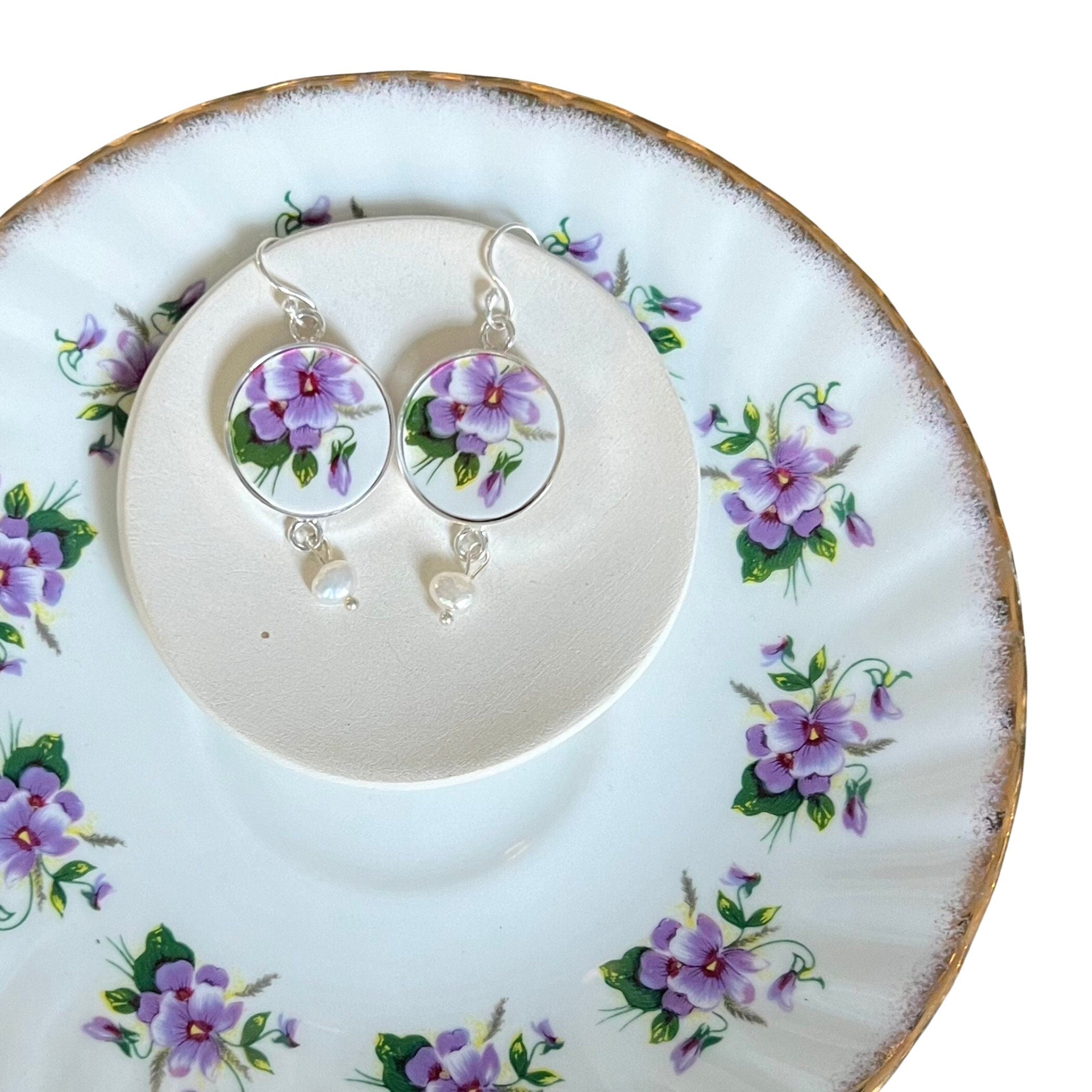 Sweet Purple Violets China Earrings handmade with Vintage Rosina Queens China & Freshwater Pearls, Broken China Jewelry Gift For Women