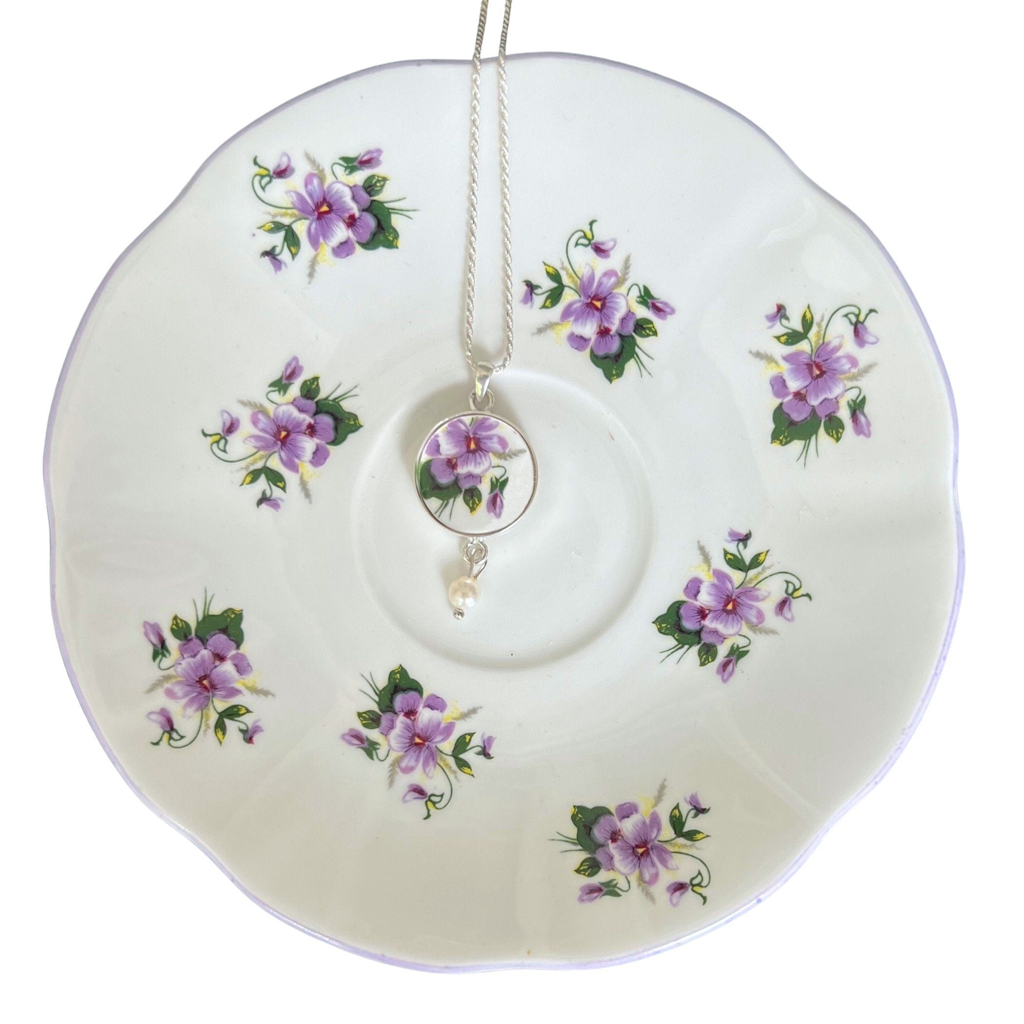 Purple Violet Flower China Necklace handmade with Dainty Vintage China