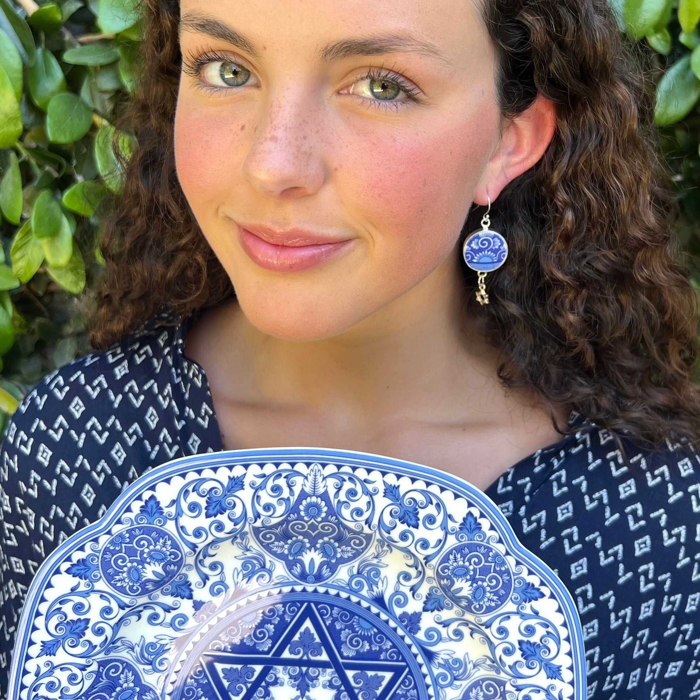 Jewish Star of David Earrings handmade from a Spode Judaica China Plate