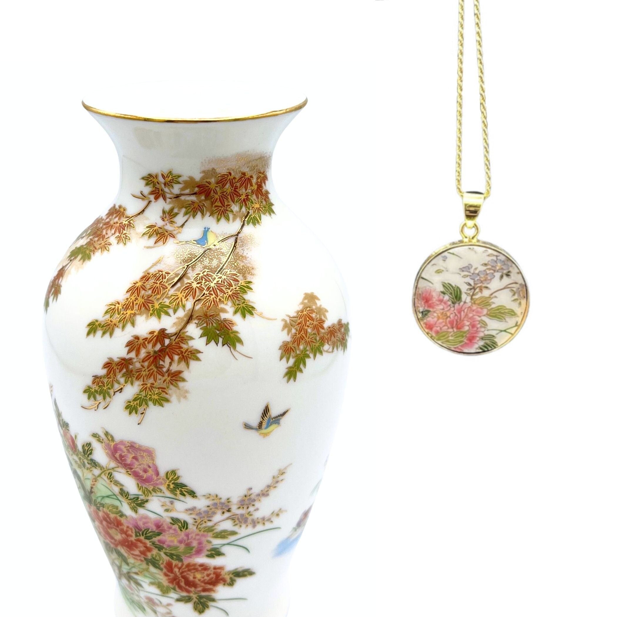 Unique Peony Flower China Statement Pendant handmade from Upcycled Japanese Imari Porcelain Vase, 12th Anniversary Porcelain Necklace Gift