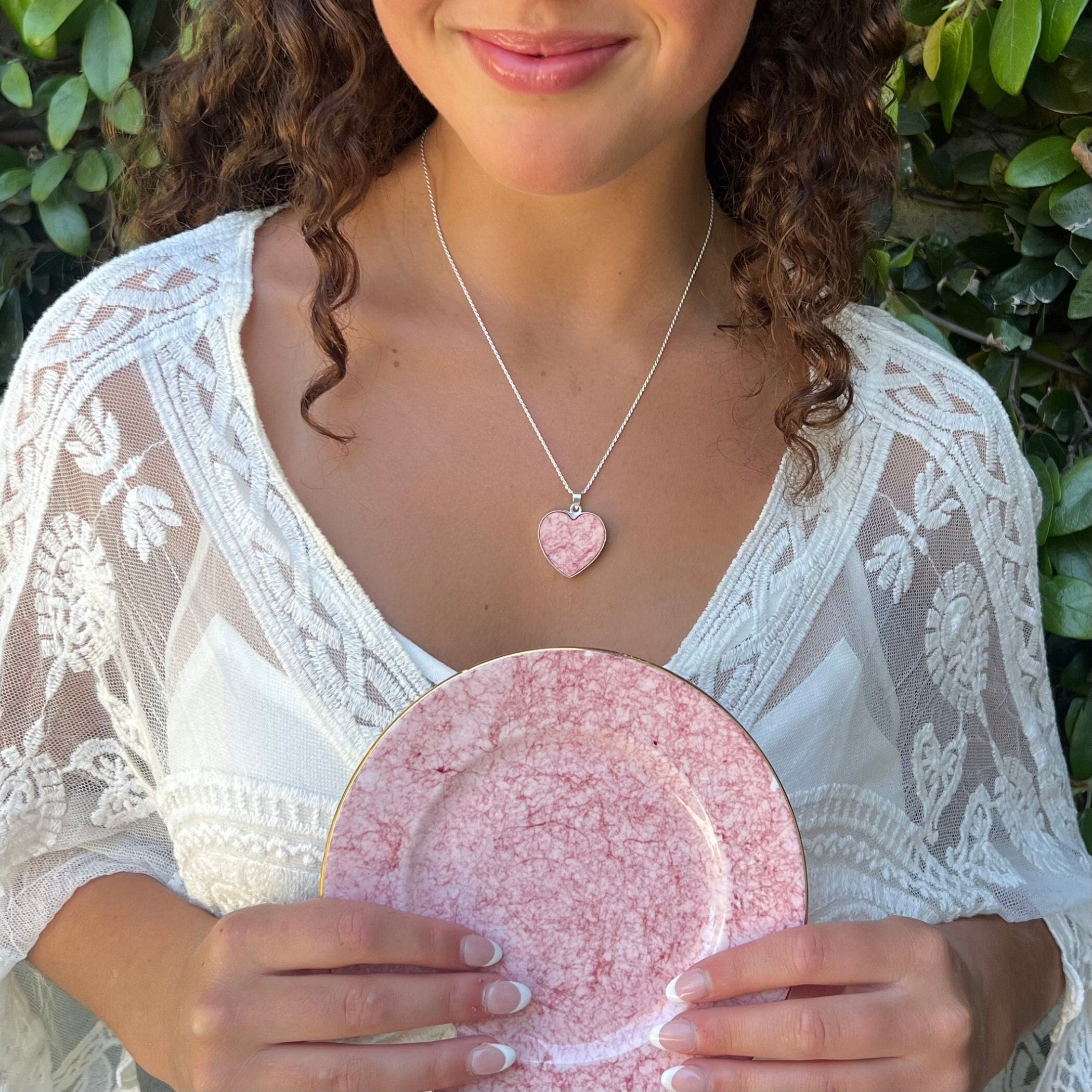 Vintage Pink Heart China Necklace handmade with Upcycled Royal Albert Gossamer Marble China