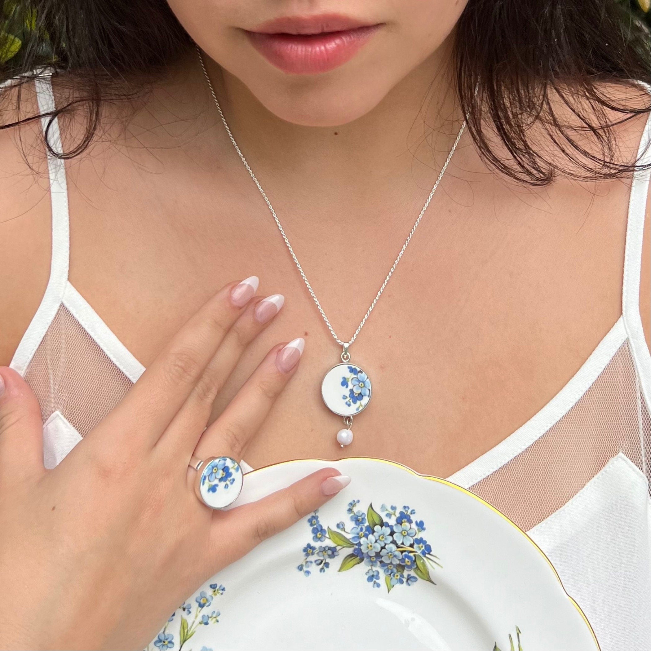 Vintage Forget Me Not Broken China Jewelry Set handmade with Repurposed China, Dainty Blue Flower China Necklace & China Ring Gift for Women