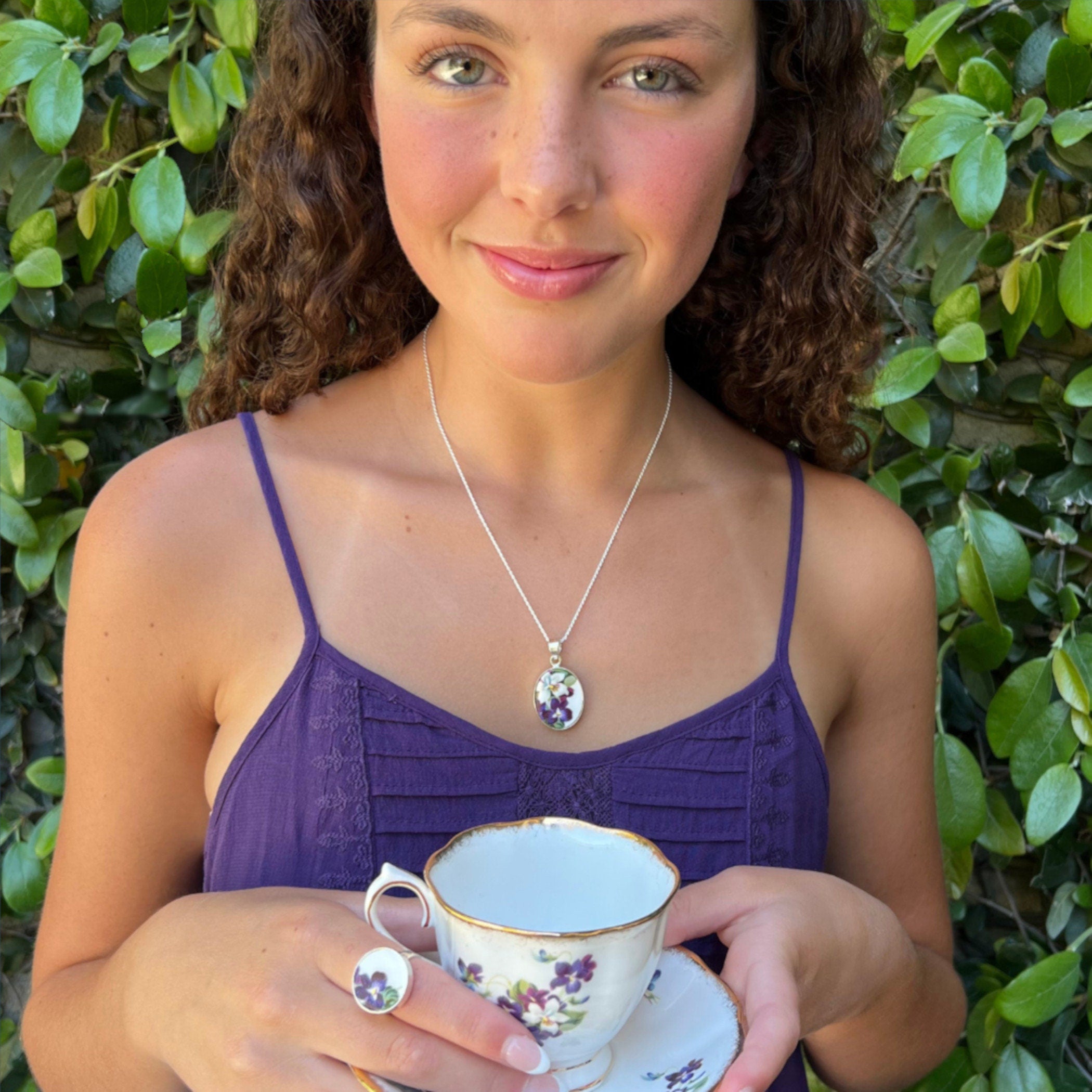 African Violet Flower Ring & China Necklace handmade with Upcycled Royal Albert China, Vintage Purple Floral Broken China Jewelry Gifts